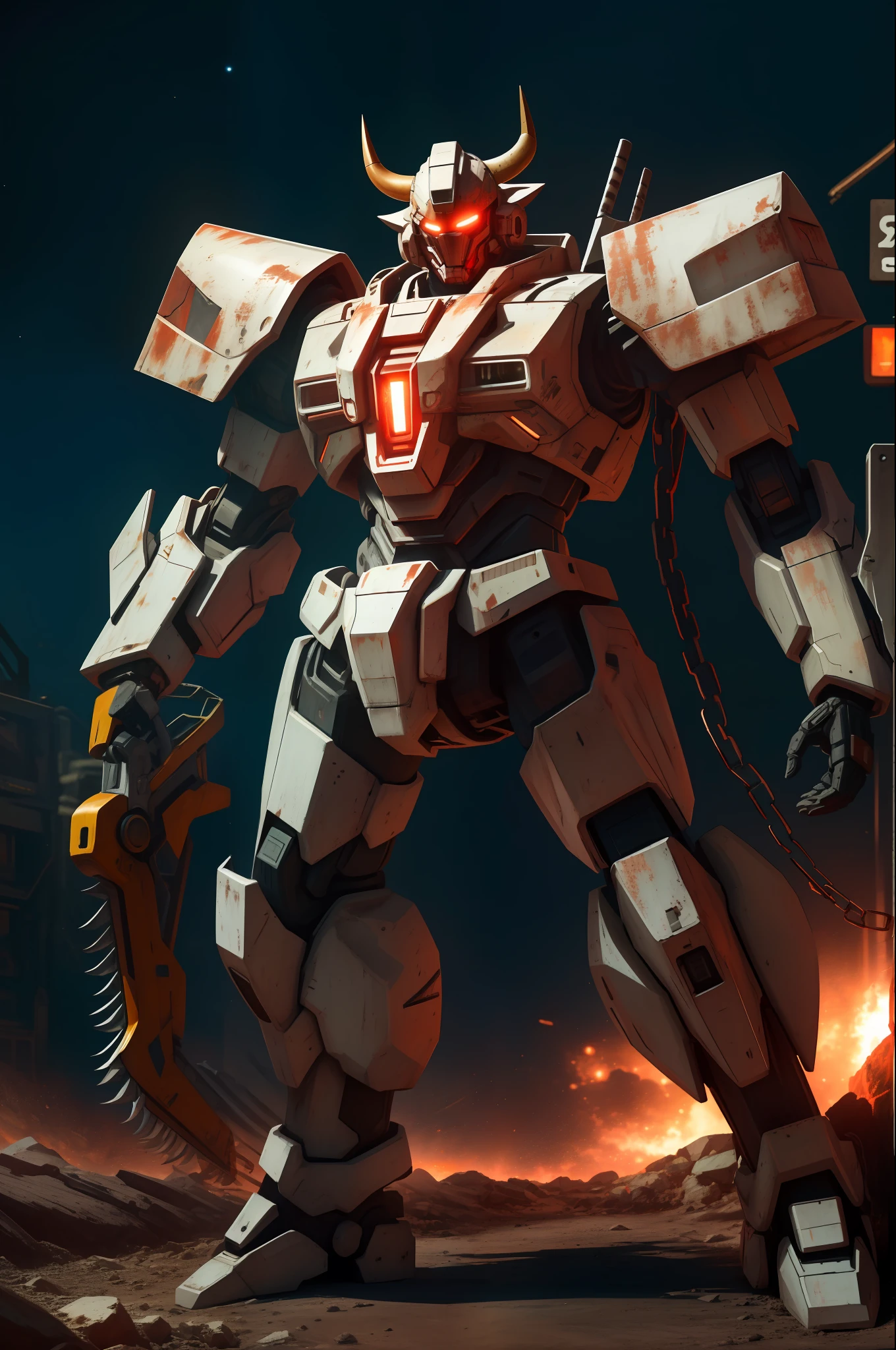 on moon，barren planets，废墟，holdingweapon，without humans，with light glowing，droid，buliding，glowing light eyes，red color mecha，scientific fiction，城市，Realistis，mechs，Milky Way Galaxy background，full bodyesbian，neonlight，cyber punk perssonage，8k wallpaper，Hyper-detailed work，Cinematic lighting，photograph of-realistic，Dark_Fantasy,Cyberpunk,(chain saw,chain saw man,Red:1.1),1man,Mechanical marvel,Robotic presence,Cybernetic guardian,wearing a worn-out mech suit，iintricate，（Steel metal[rusted]），ellegance，Clear focus，Photo by Greg Rutkowski，gentlesoftlighting，vivd colour，tmasterpiece，（（the street）），cow boy shot，dynamicposes，
