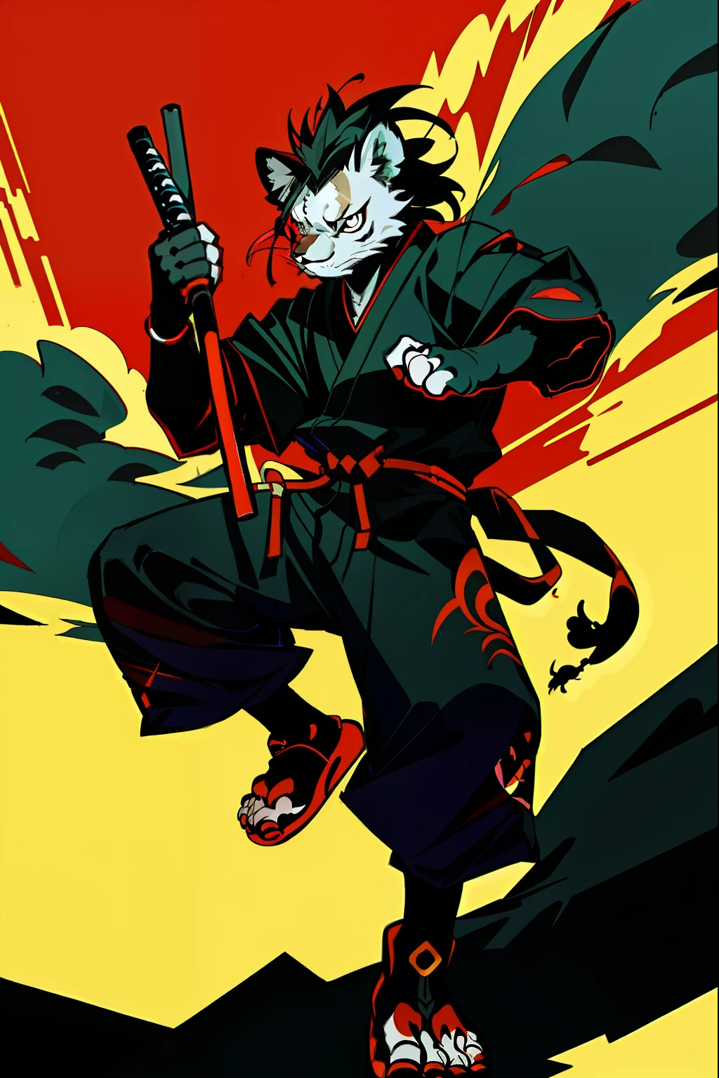 illustration, design of a ninja lion, black backround, shades of colors, dark vibes, central composition, half body, no legs, no torso, 
high quality, detailed