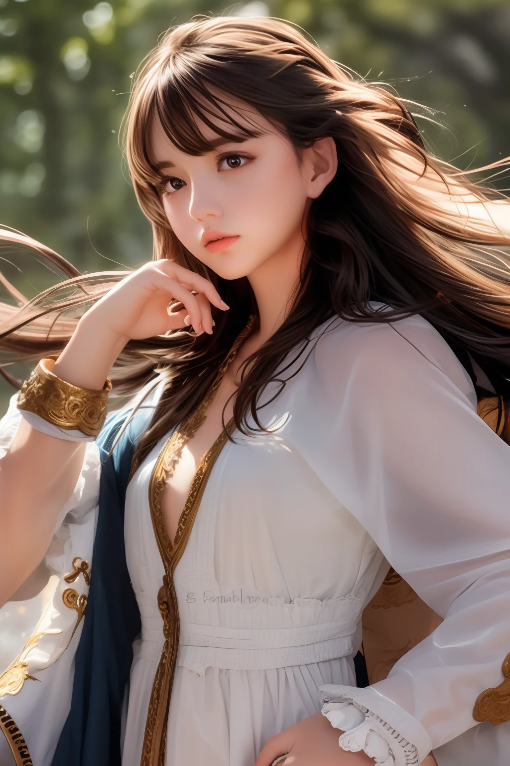 Manteau blanc，brunette color hair，Golden pupils，Raise your head and upper body，tmasterpiece，realisticlying，Ancient Style Girl