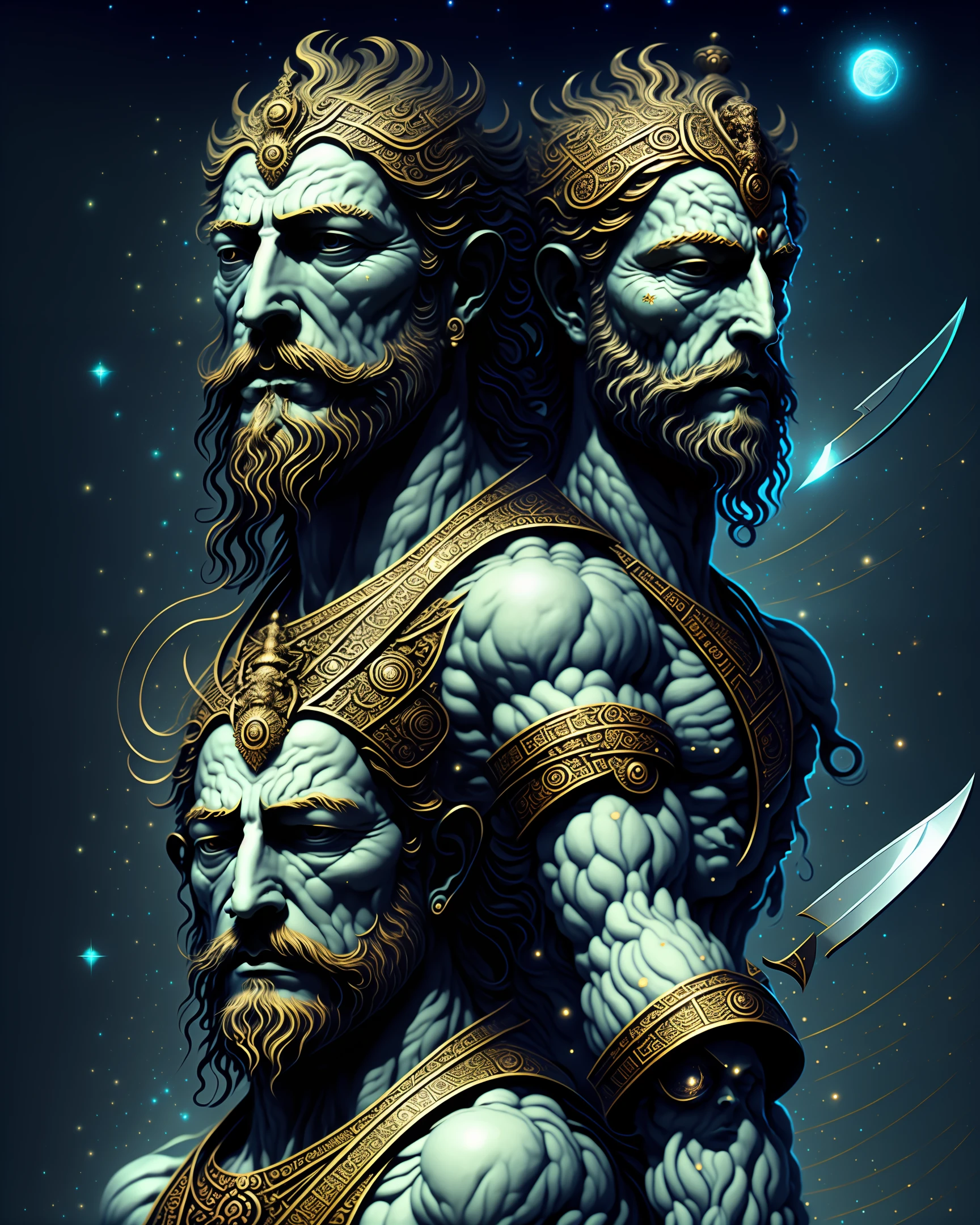 Deities，Bare upper body，stars，Long knives，short knife