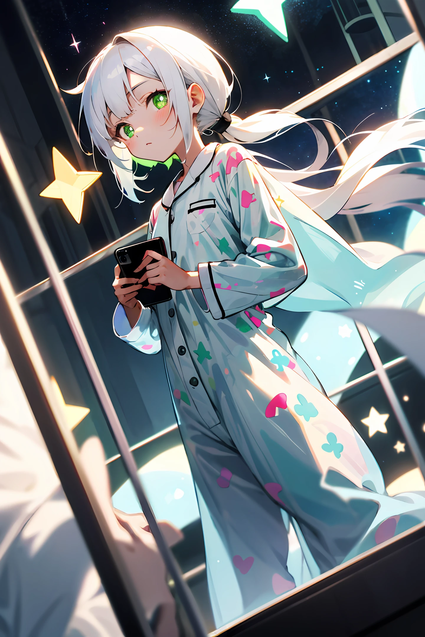 Poor milk li with white hair and a single ponytail at the end of the room wearing transparent pajamas and looking at her phone with green pupils like stars