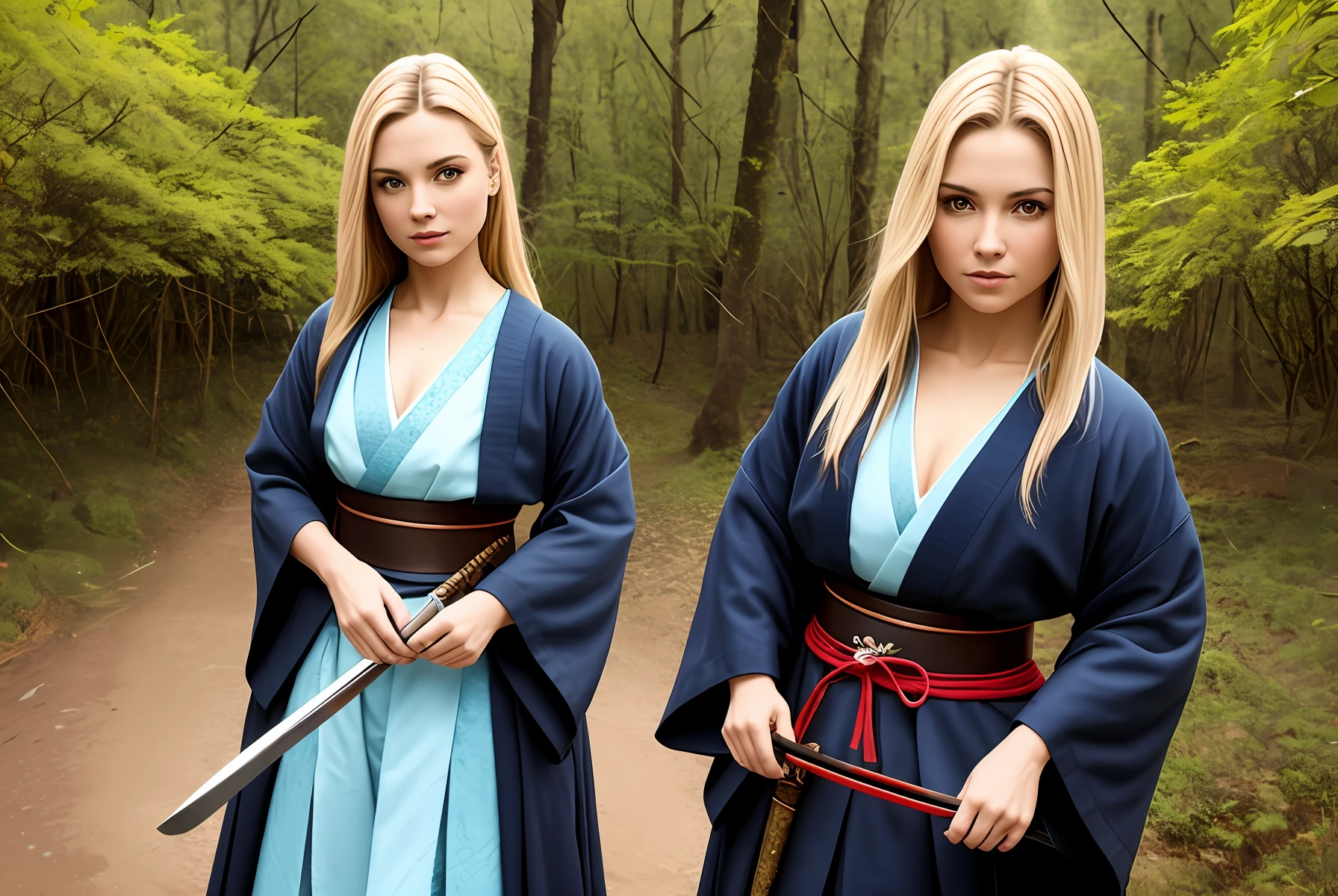 Uma linda mulher medieval, com longos cabelos loiros, segurando uma espada samurai, num campo seco e ensolarado, empoeirado, com uma flor no cabelo
