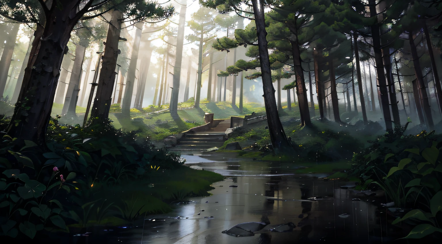A mystical forest enveloped in a gentle rain shower, where each raindrop seems to carry a touch of magic. The foliage is lush and vibrant, teeming with life as the rain nourishes the plants. The atmosphere is ethereal, with a soft mist lingering in the air, adding an enchanting quality to the scene. Rays of sunlight penetrate through the raindrops, creating a dreamlike glow. Captured by Cristina Mittermeier with a Sony A7R IV and a telephoto lens, the lighting is natural and dappled, casting a warm and inviting ambiance. The photograph transports the viewer to a world of wonder and natural beauty. --v 5 --q 2 --auto