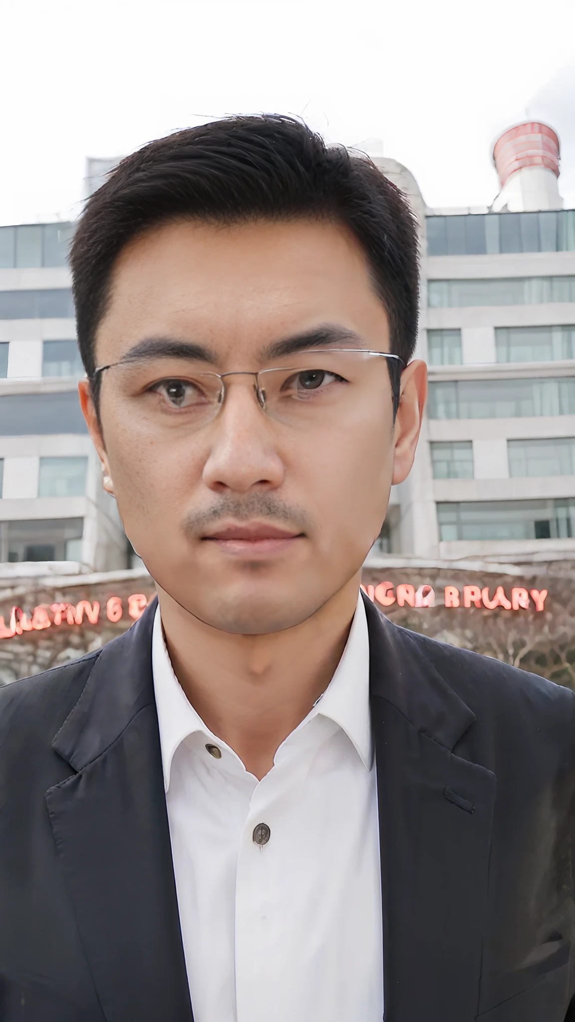 dressed in a suit,Alavid man wearing glasses standing in front of the building,