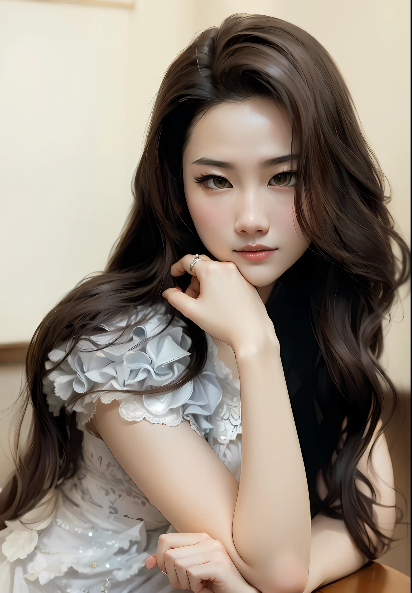 A woman sits in a chair,Close-up of hands on chin, ruan jia beautiful!, beautiful Korean women, Asian girl with long hair, Li Zixin, Beautiful young Korean woman, inspired by Chen Yifei, female actress from korea, Chinese girl, Lu Ji, shaxi, bae suzy, cute korean actress, Xianxia