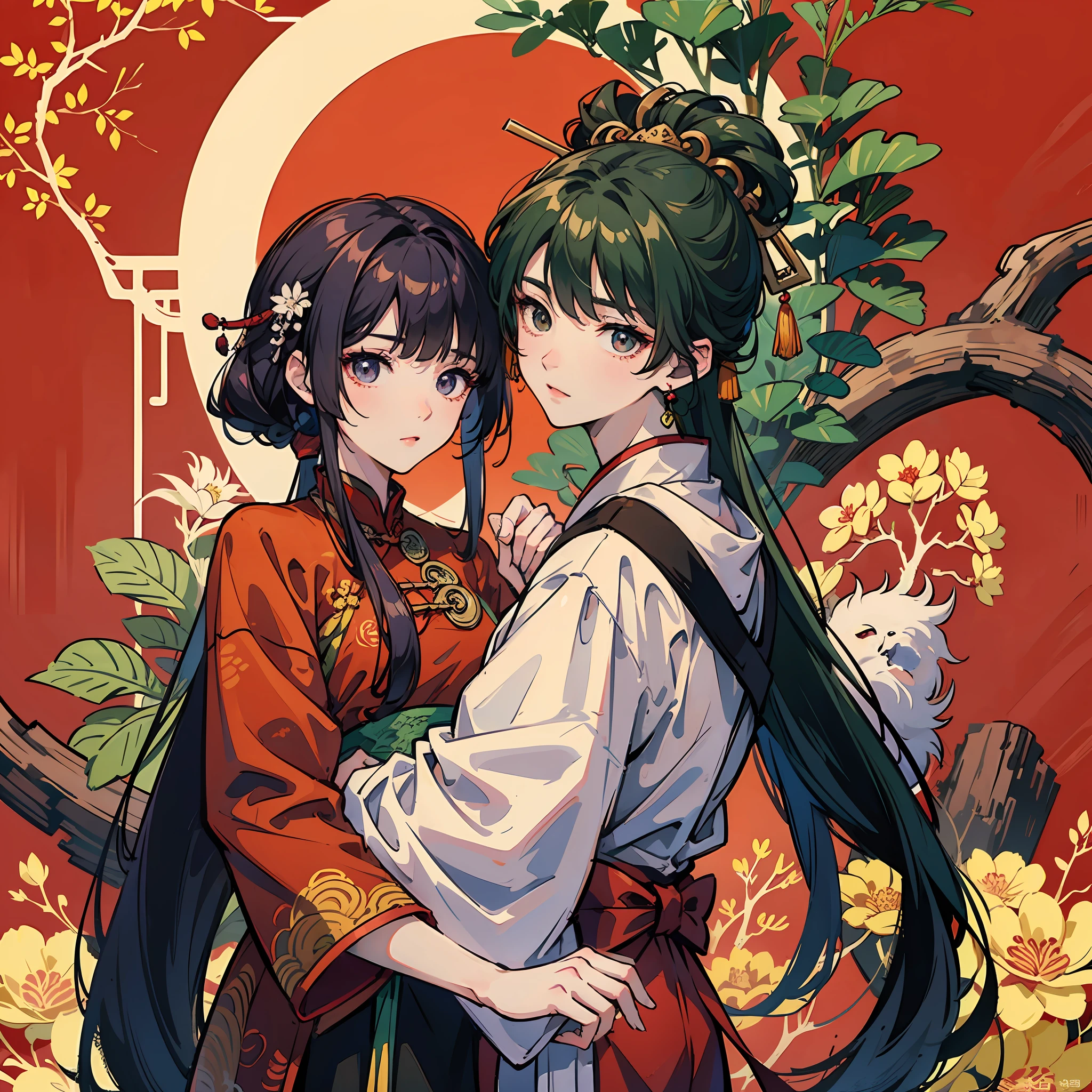 anime couple with chinese characters in red background with oriental writing, Middle Metaverse, inspired by Zhang Wo, Inspired by Seki Dosheng, Inspired by Song Maojin, inspired by Huang Gongwang, Chiba Yuda, inspired by Chen Daofu, inspired by Gong Xian, An anime cover ,sweet osmanthus,Hanfu,on cheongsam,Shawl --auto