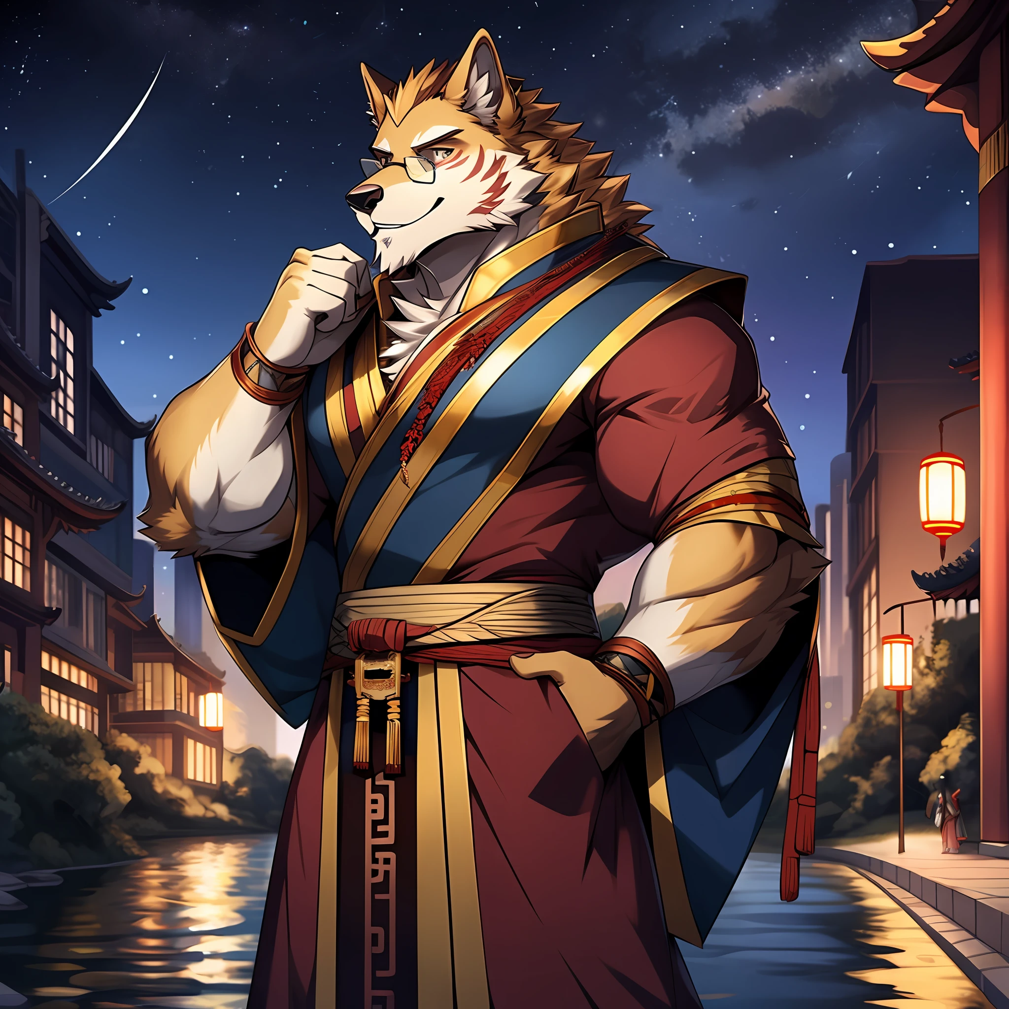 （A golden werewolf with golden fur and glasses stands on a modern city street under the stars at night：1.2），（male people）Look at the river of stars in the distance，the corners of your mouth rise slightly，He wore ancient Chinese costumes，is an astrologer，He is very fond of astrology，Has a deep love for the stars，He has several dark red stripes on his cheeks，extremy detailed，detailedbackground，Extremely beautiful starry sky background extremely detailed，starrysky，Muscle men，由Null-Ghost:0.7 brought，Handsome，sbeard