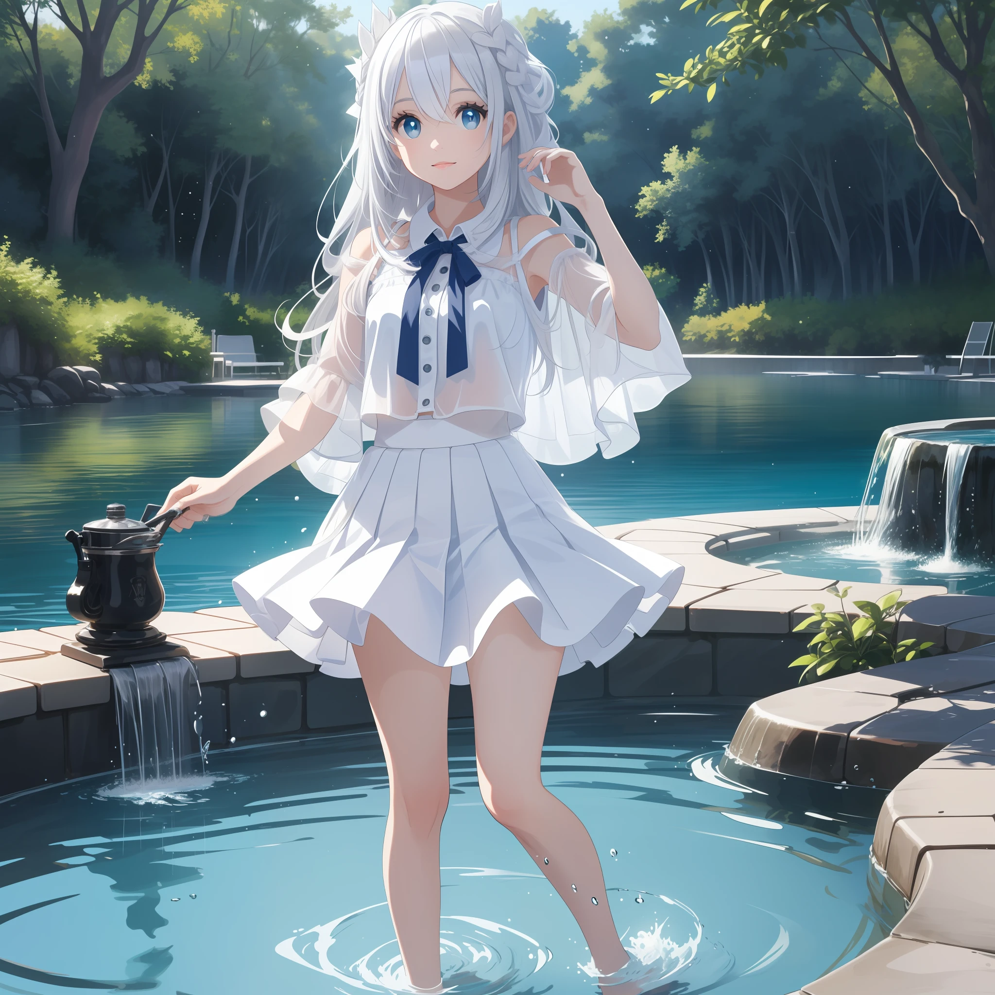 (HD illustration), the best picture quality, the best lighting effect, with blue eyes, stubasa (silver hair: 1.3+ white hair), lakeside clear pool, petite thin legs, white clean short skirt, splashing water, fresh face, pure and cute