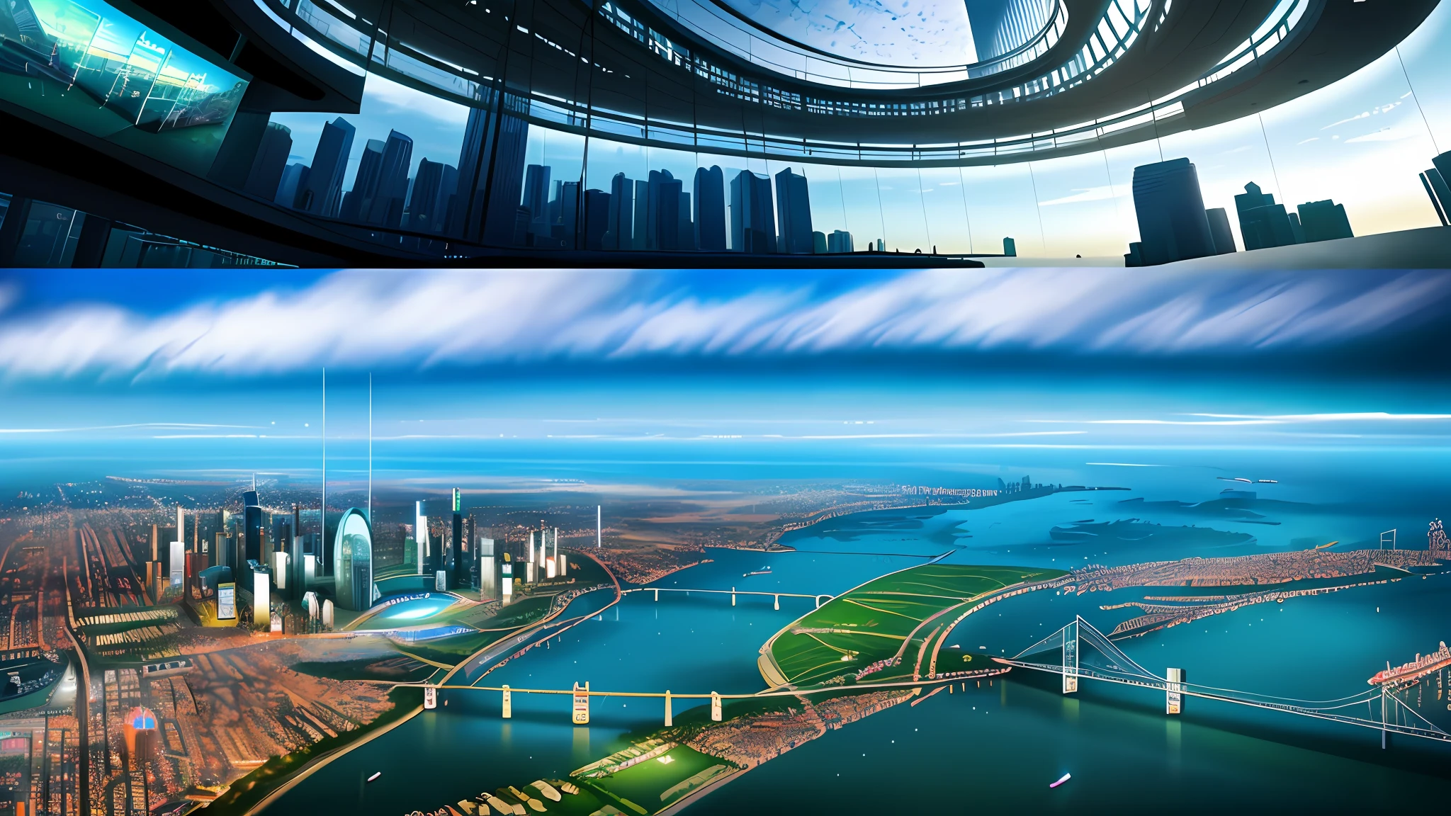 Near Future City、Panoramic landscape、Drone View、Elite Professional Architectural Rendering、Project Presentation、Trendy cyber skyscraper、120-story superstructure、Cyber Design、Future landscape、The world in 100 years、Masterpieces in detail、cloudiness、kosmos