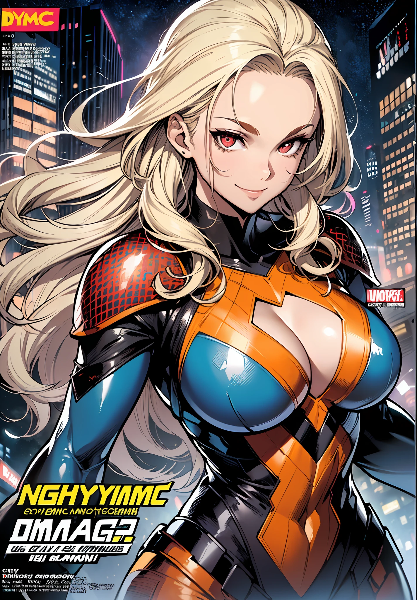((epic pose)), ((Dynamic Angle)), (fists), (canny smile), ((dynamicpose)), 1girl, (((solo))), ((Movie poster)), ((platinum blonde)), (Wavy Hair), (((forehead)))), (((red eyes))), (blue costume), (superhero suit), night time, City, neonlight, the wind, ((magazine cover)), ((comic cover)), ((manga cover)), (((big text))), ((big title)), ((many inscriptions)), lettering