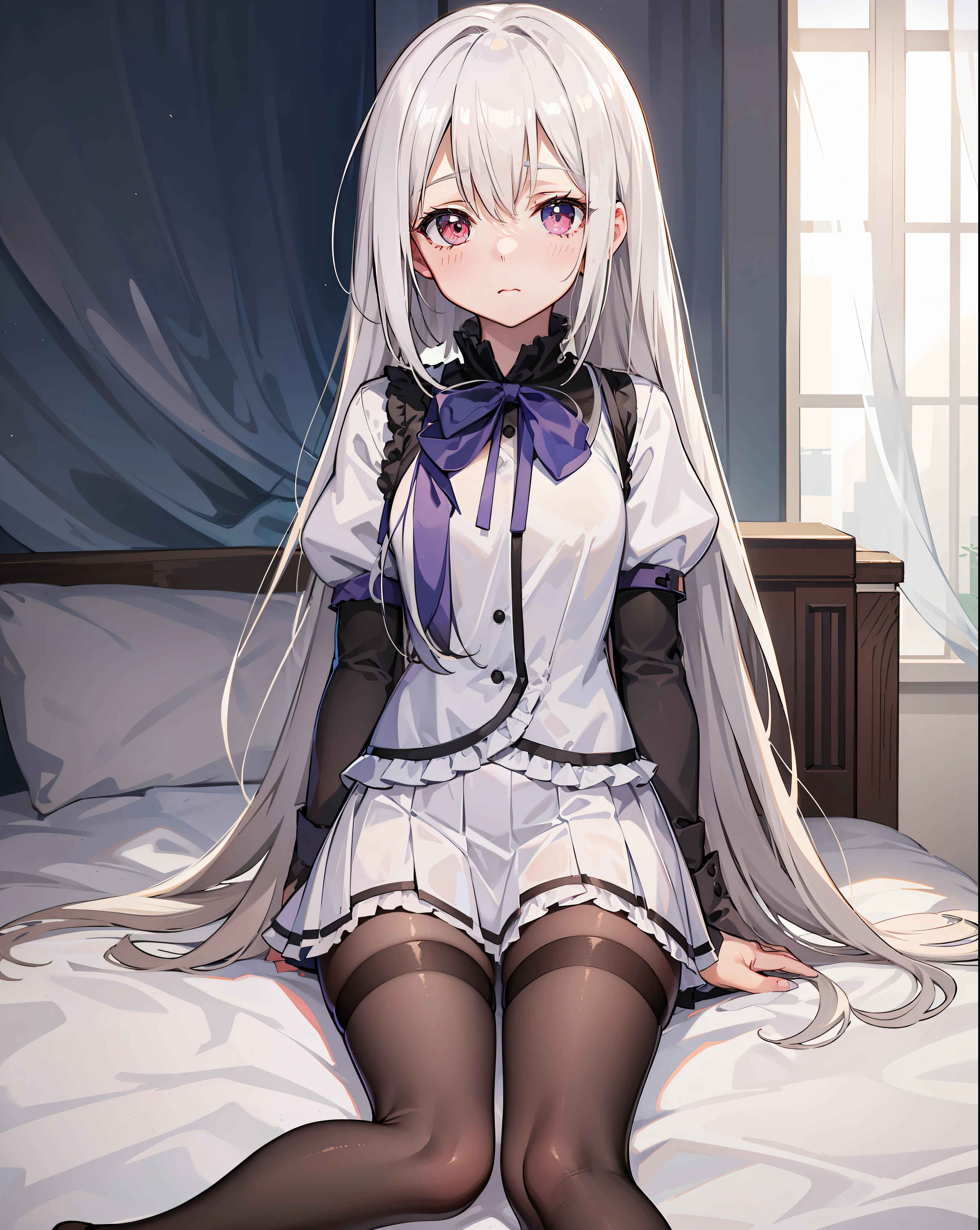 On the bed, **** kneeling short skirt, maid pretending to be white hair and *************** seduction action