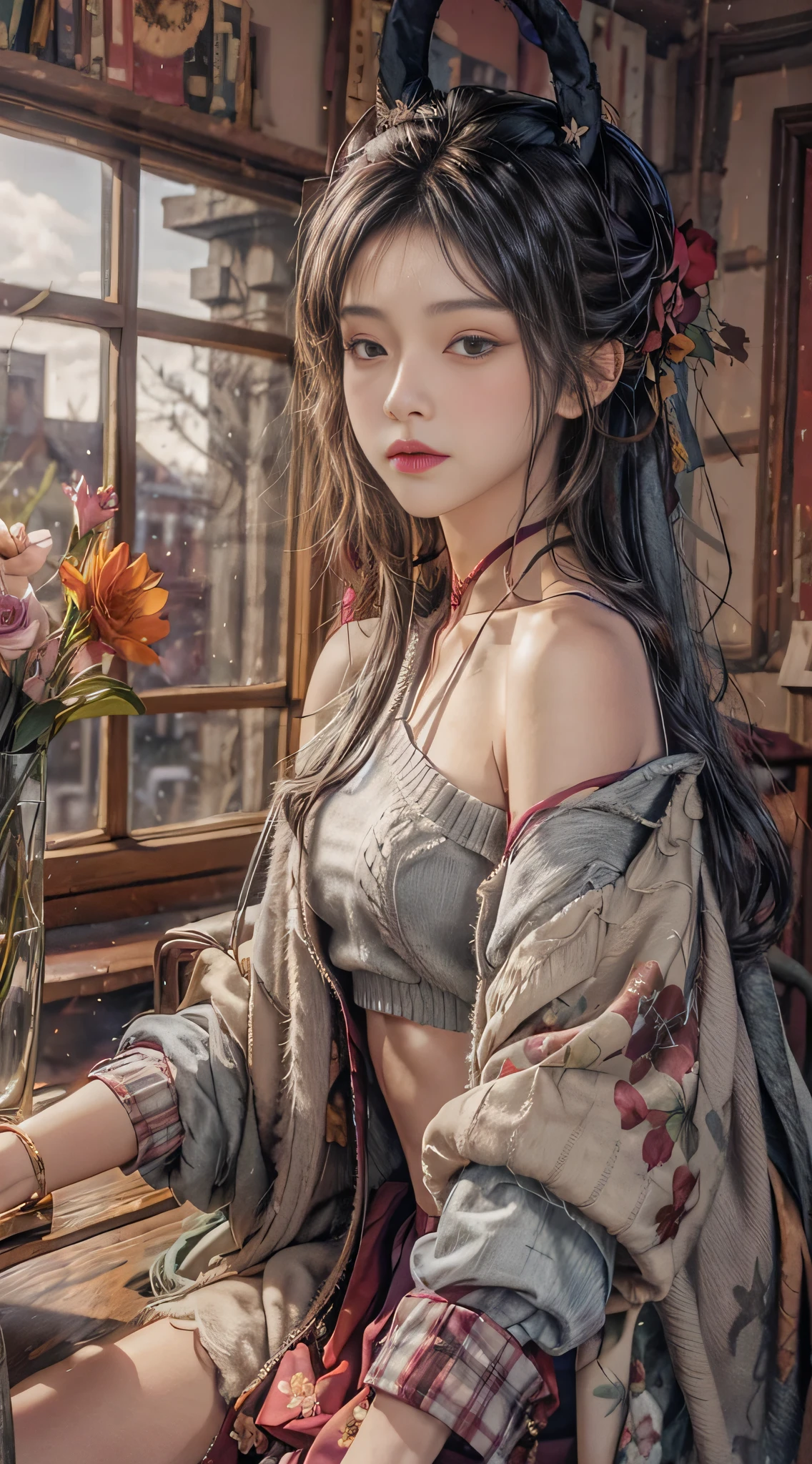 Lambskin，Gray sweater，Burgundy leather coat，Extra-long hair，Exposed shoulder，School flowers