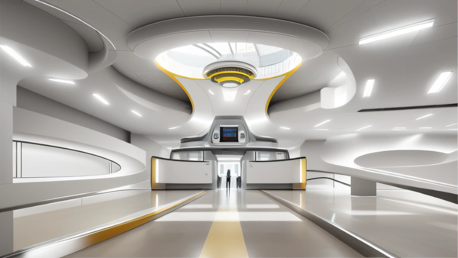 (Futuristic sci-fi architecture+concept-art)of meeting rooms，cold shades，High-tech consciousness kills everything，Curved finish+LED light，Spacious and unobstructed，Sunlight pours into the stairwell，Arched entrance and high-quality gray walls，(1robot)in suit，The mechanical arms shake at will，Full score for the beauty of the details。