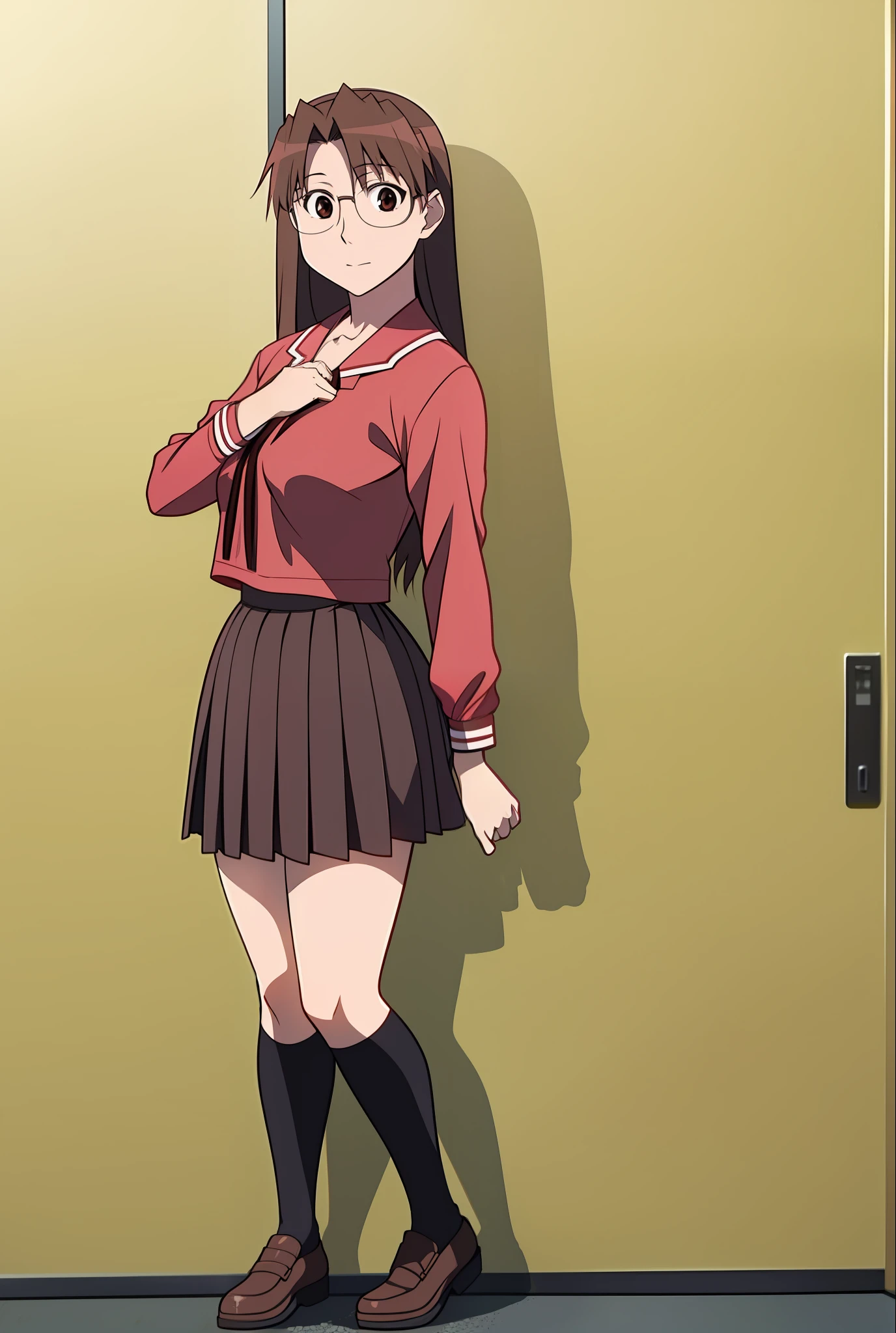 Koyomi mizuhara, brown hair, long hair, glasses, seifuku outfit, red shirt, brown skirt, black stocking, breasts, brown shoes, tucked shirt,