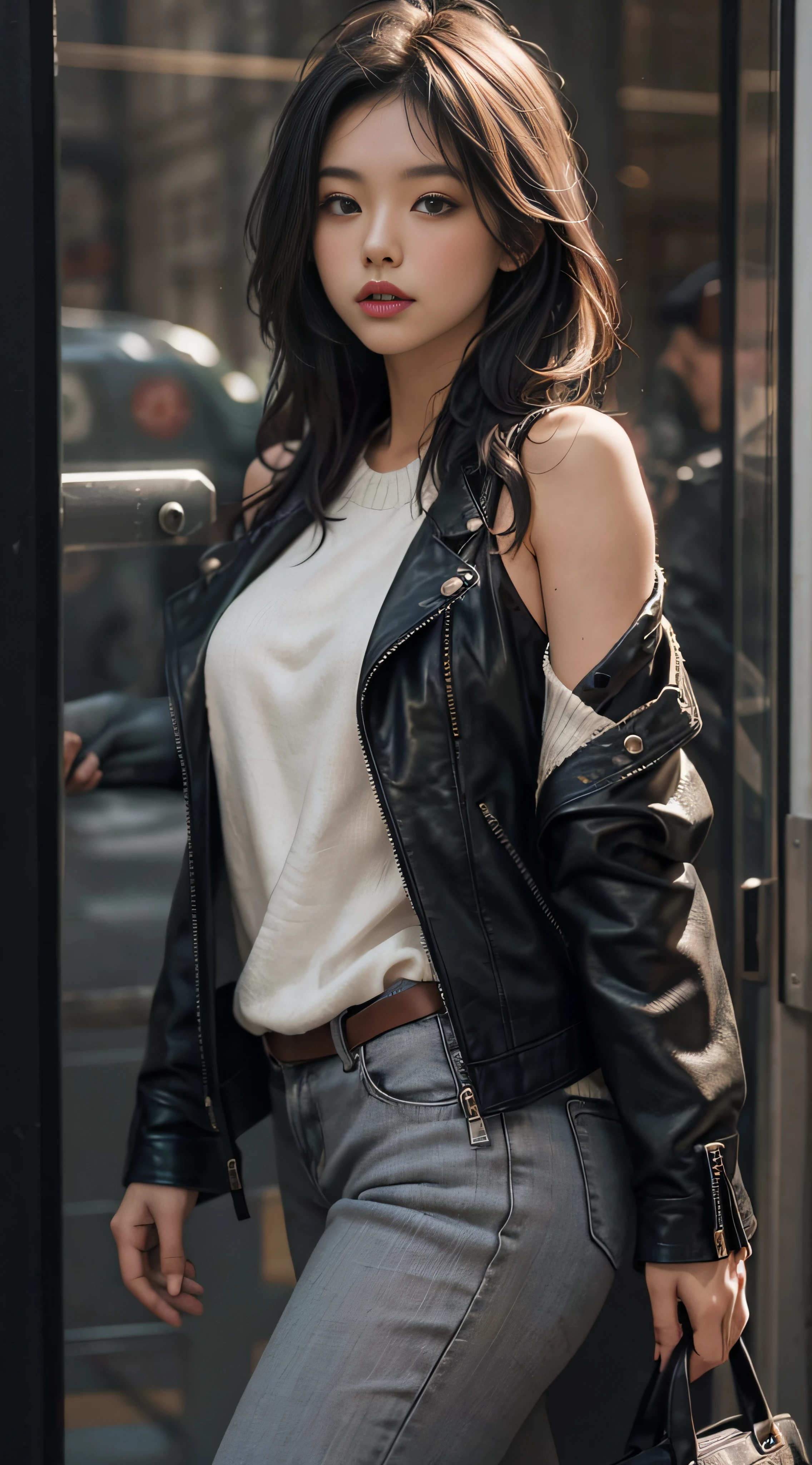 Gray sweater，Extra-long hair，Exposed shoulder，CE leather jacket，Military sister-in-law