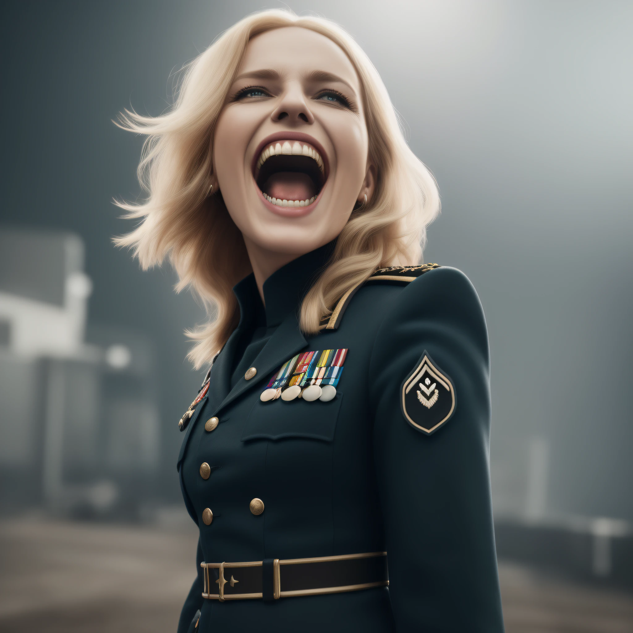 (Ultra-detailed CG unity 8k wallpaper masterpiece of an insane German woman in pure Aryan military uniform, blonde hair, laughing maniacally for no reason, Dynamic angle, High contrast lighting, Escuro, atmosfera mal-humorada)