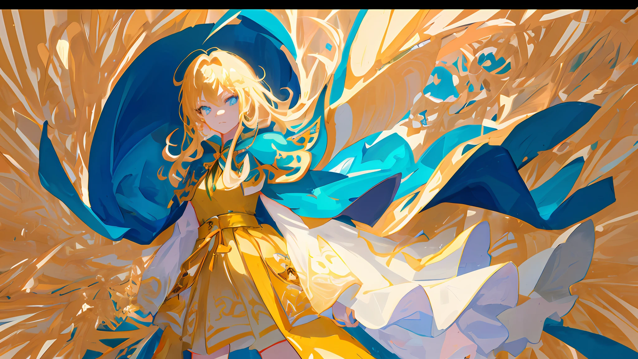 anime - style image of a woman in a golden dress with a blue cape, trending on artstation pixiv, Detailed digital anime art, Anime art wallpaper 8 K, Digital art on Pixiv, Guweiz in Pixiv ArtStation, Guweiz on ArtStation Pixiv, 8K high quality detailed art, Anime art wallpaper 4 K