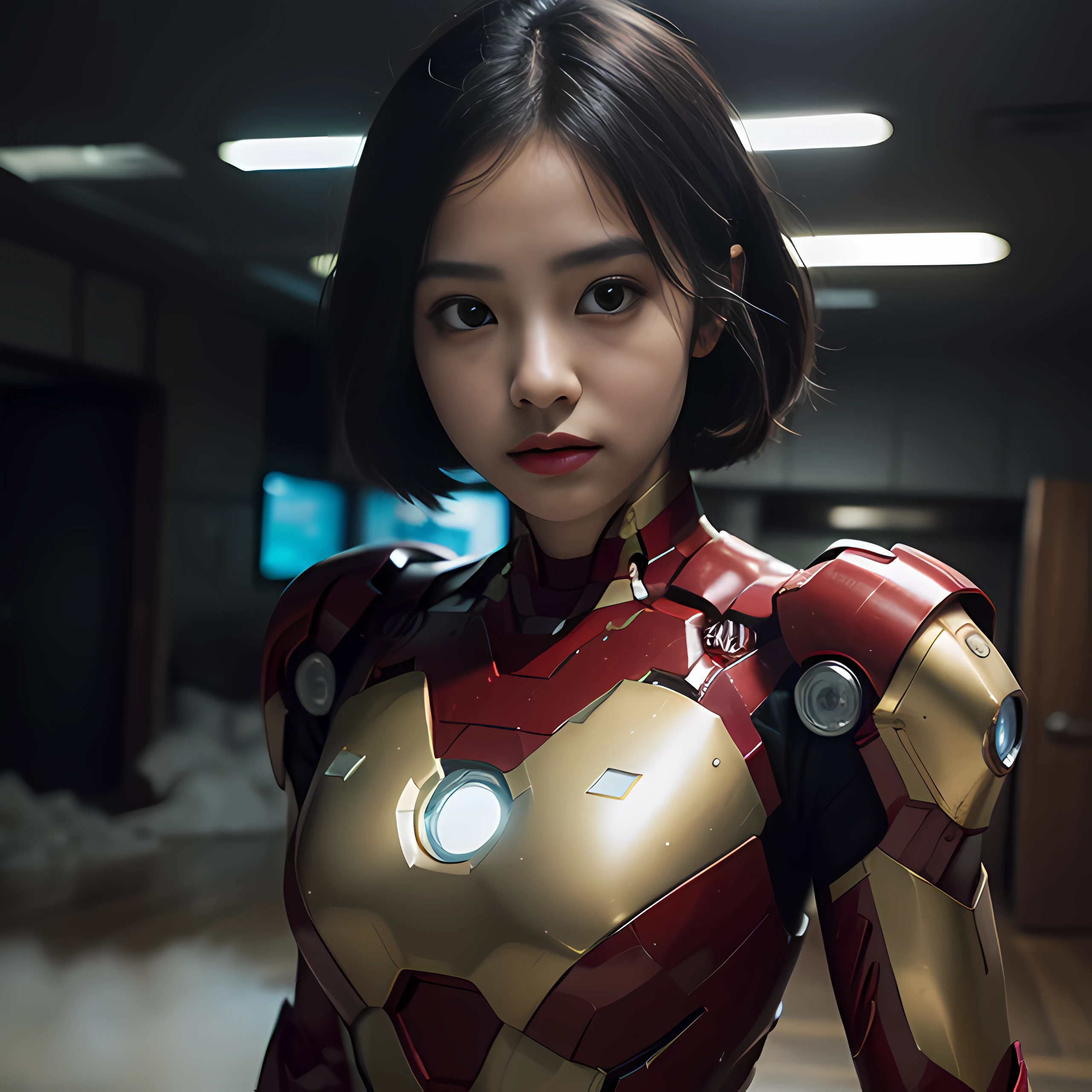 RAW, masterpiece, ultra fine photography,, best quality, ultra high definition, photorealistic, sunlight, full body portrait, stunningly beautiful, combat pose, delicate face, brilliant eyes, (front view,full body), she wears futuristic Iron Man mech, blue and yellow and green color scheme, (Iron Man destroyed on the floor), detailed face, detailed and complex busy background, messy and gorgeous, rich plump breasts, High Detail Skin, Realistic Skin Details, Visible Pore, Sharp Focus, Volumetric Fog, 8K UHD, DSLR Camera, High Quality, Film Grain, Fair Skin, Photorealism, Lomography, View from Below, Translucent