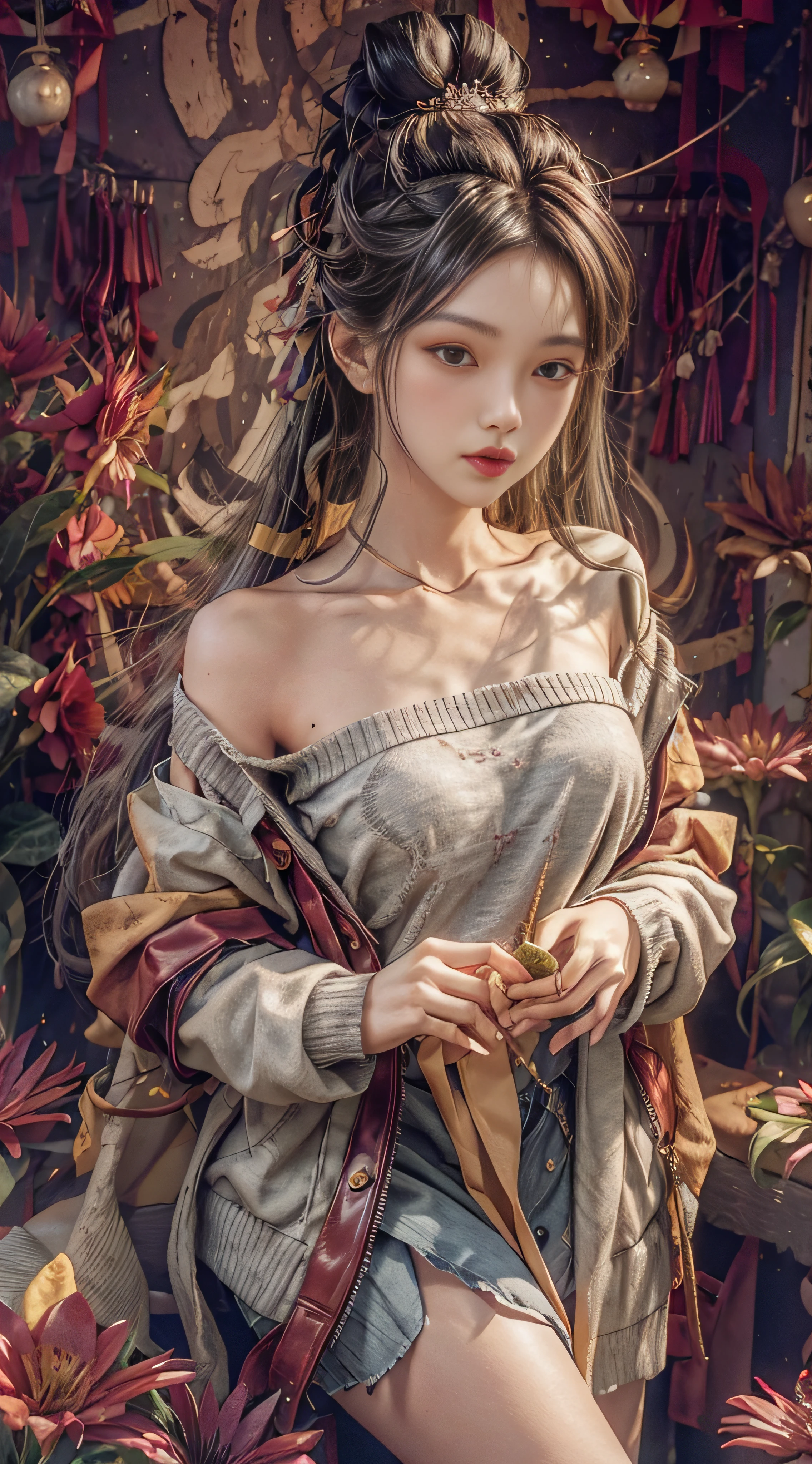 Gray sweater，Extra-long hair，Exposed shoulder，CE leather jacket，School flowers