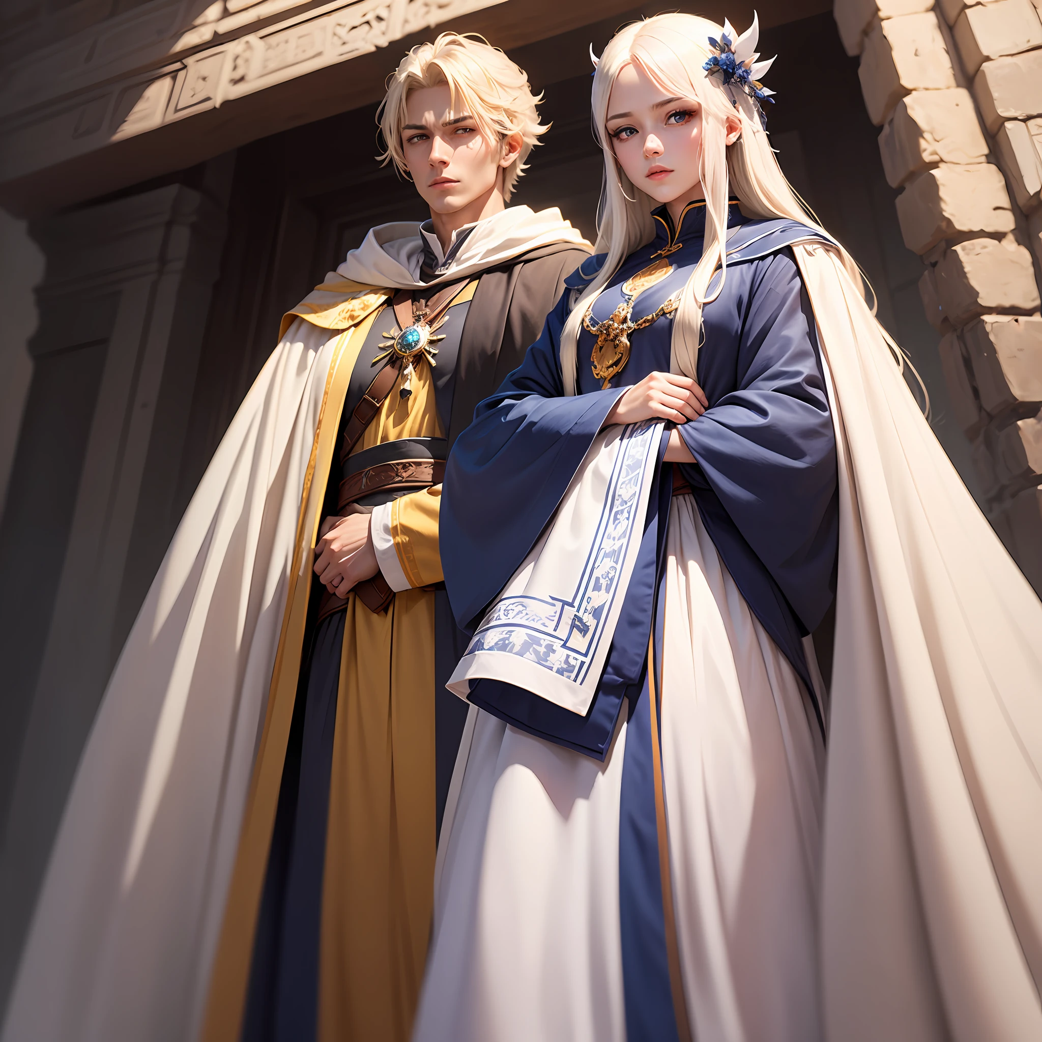 White-blond hair，Dark blue peach blossom eyes，White skin and beautiful appearance，Wear elaborate wizard robes，The male of Sven scum --auto