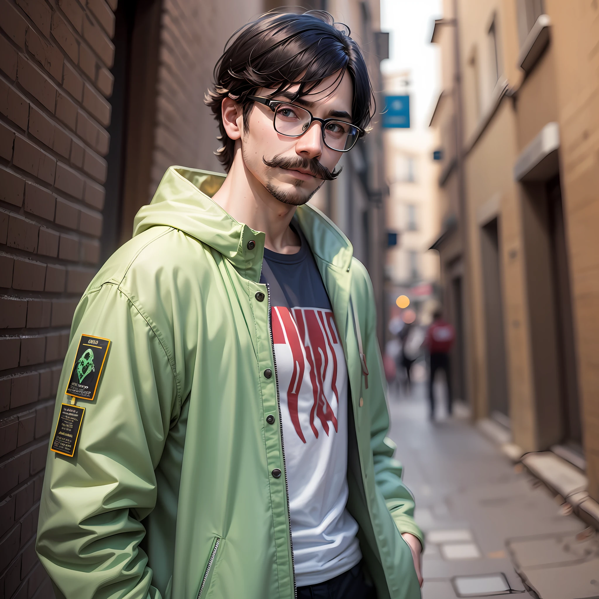 front view, portrait of Renato, man very white skin, thin and delicate face with mustache, slender body, shoulder-length black hair, wearing a green coat and a red t-shirt, a huge transparent nerd glasses, an alien helmet , outdoors, daytime, blue sky, diffused light, lighting and photography by Spike Jonze --auto --s2