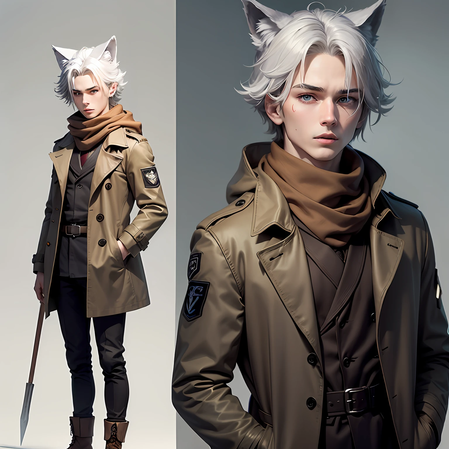 1boy，shota，(high-definition quality，Masterpiece level)，Fresh and cold teenage character，Armed with a long-handled weapon，Wolf ears and wolf tail highlight the character's sense of belonging，Blue eyes and dark gray hair colors echo each other，The clean lines of the white-gray military trench coat show the character's modesty and confidence，A brown scarf and black boots go hand in hand，Seems to be ready to go。The whole picture is simple and atmospheric，The high cold temperament is respectful。without background，Blank screen，Slightly toned, k hd，tmasterpiece, white backgrounid，Armed with a long-handled weapon，Dark gray hair, eBlue eyes,(Wolf ears),(Wolf tail)，Slim white-gray military trench coat，No hood，Brown scarf，black long boots，One tail --auto