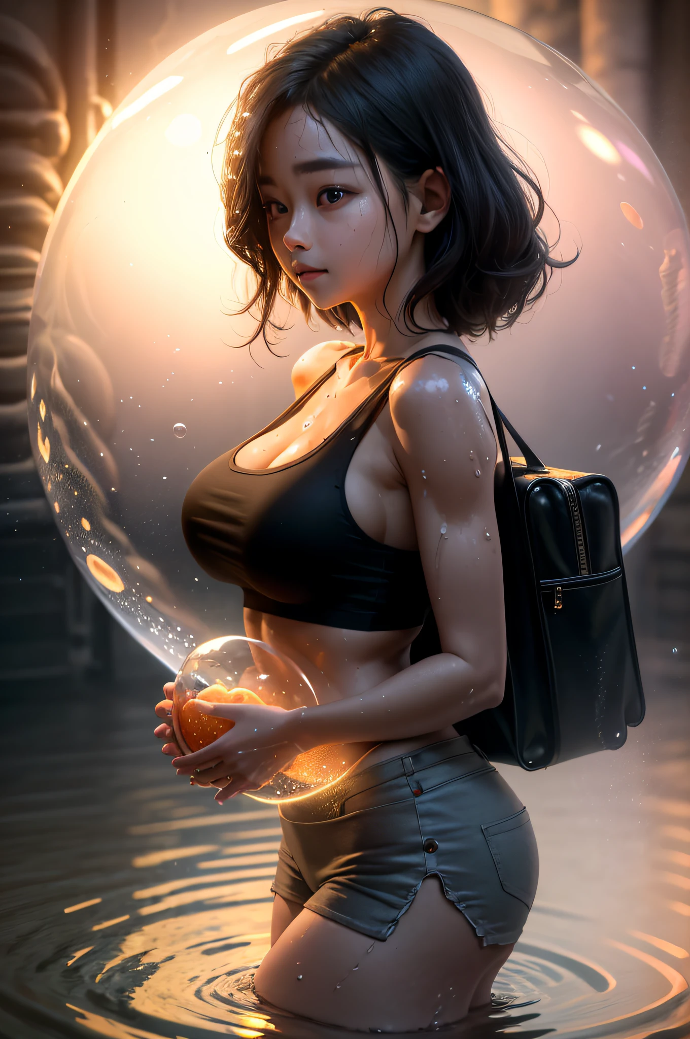 (Masterpiece, Best Quality:1.3), highres, (8k resolution), (ultra-detailed:1.1), madgod, stop motion, horror, 1 girl wearing side boob tanktop in water bubble, glowing, water bubble, photorealistic, glowing:0.3, (details:1.2), volumetric lighting, (extremely detailed), bubble