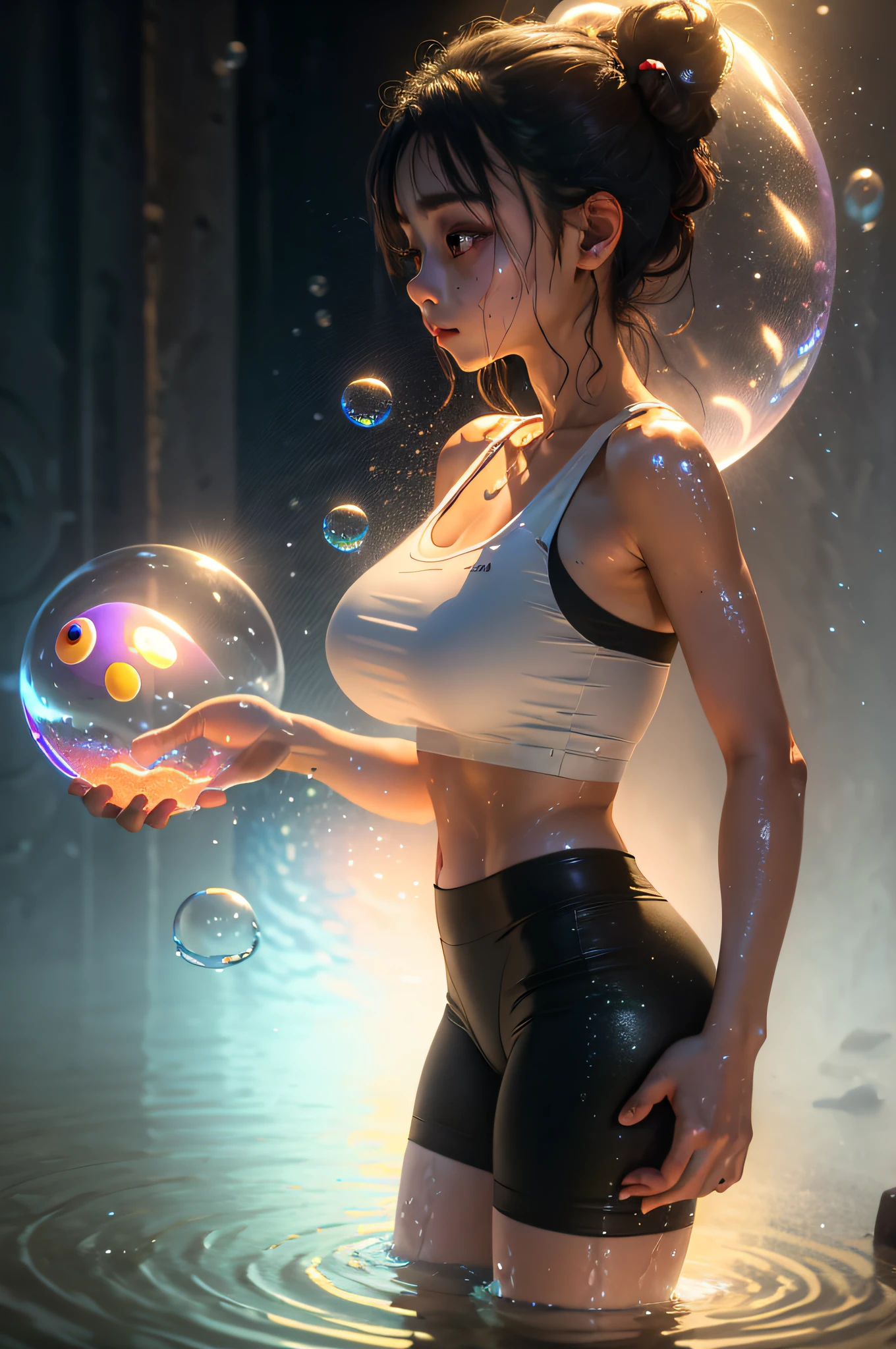 (Masterpiece, Best Quality:1.3), highres, (8k resolution), (ultra-detailed:1.1), madgod, stop motion, horror, 1 girl wearing side boob tanktop in water bubble, glowing, water bubble, photorealistic, glowing:0.3, (details:1.2), volumetric lighting, (extremely detailed), bubble
