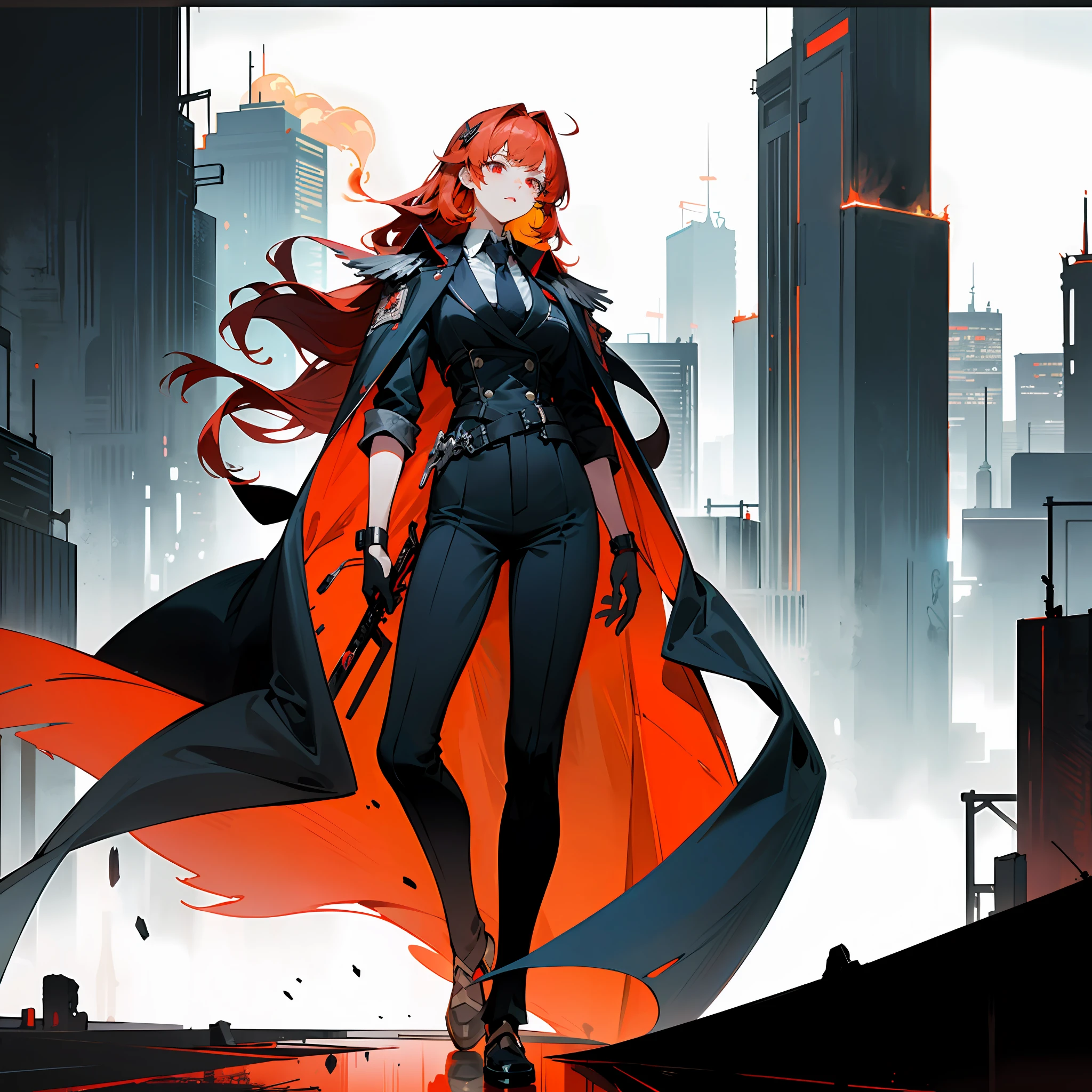anime character with red hair and cape standing in front of a city, Digital cyberpunk anime art, anime cyberpunk art, cyberpunk anime art, Anime cyberpunk moderno, cyberpunk anime girl, femele,Need,Impeccable,Tall and tall,Beautuful Women,warrioress,Blood-colored mist,(tmasterpiece,best qualtiy), 1girll, 独奏, ((long whitr hair, red tinted hair, In black suit,)), with black background, standing on your feet, Stereoscopic color, red color eyes, Long knives, Black and white smoke,Dim colors, skyscrapper, urban backdrop,dystopian,Sense of oppression