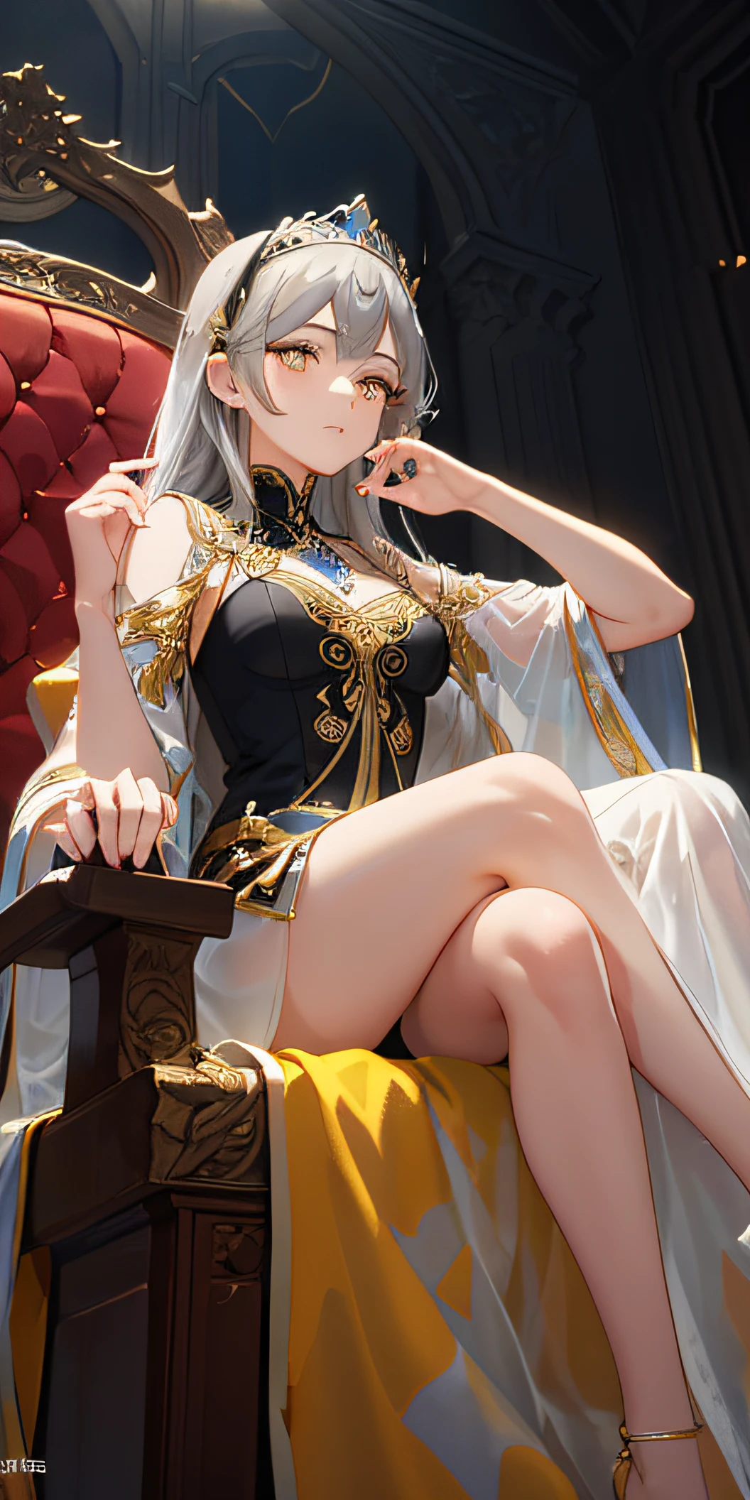 (Masterpiece:1.2), best quality, (illustration:1.2), (ultra-detailed), hyper details, (delicate detailed), (intricate details), (cinematic light, best quality Backlights), clear line, from below, solo female，perfect bodies，(1girl)，Gray hair and yellow eyes，(the emperor，Black see-through garment)，(tiara crown：1.1)，sitting on an royal throne，Close your eyes slightly，low head，low head，(is shy：1.2 ), ((makeup)), High contrast, (best illumination, an extremely create and beautiful), ((cinematic light)), Bright colors,Go for clothes