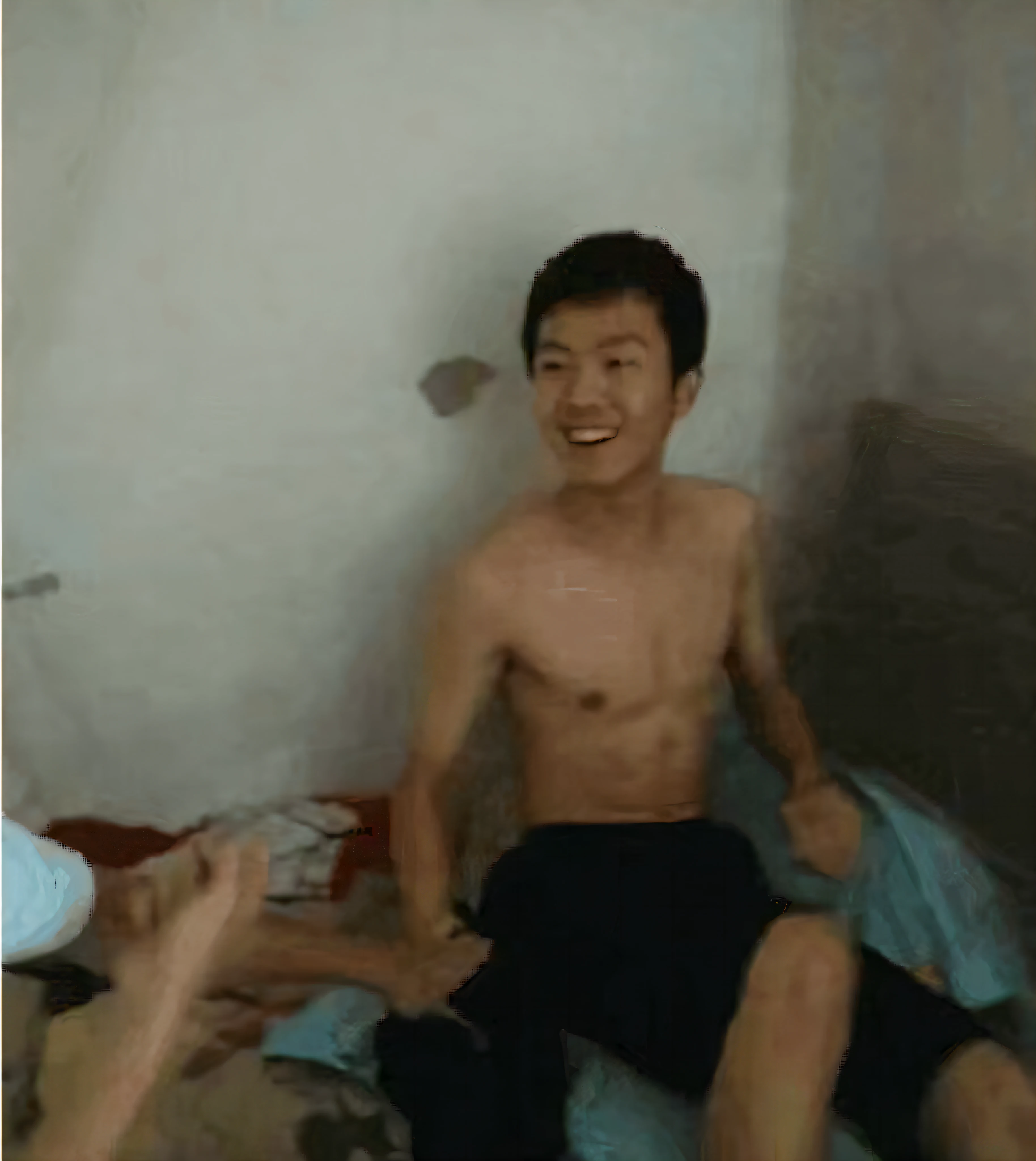 There was a man sitting on the bed,The bed was covered with a blue blanket, Lu Ji, nanquan, jinyiwei, korean muscle boy 2 , ruan jian, Yang Qi, Li Zixin, he is happy, ruxing gao, Chen Zezhou, leaked photo, bian luan, xintong chen, sit on a bed, wenfei ye