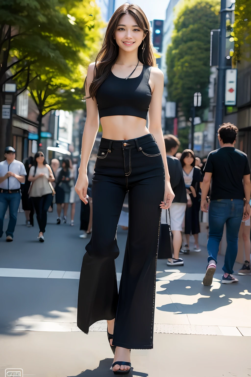 （（Bigchest，small heads）），sunlights，rays of sunshine，（Well-defined abs：1.1），（perfect bodies：1.1），（longwavy hair：1.2），auburn hair，neckwear，chain，Full body photo，crowding street，Wear a low-cut white vest，jean jacket，（（shorter pants）），（极其细致的CG 8k壁纸），（Extremely refined and beautiful），（tmasterpiece），（best qualtiy：1.0），（超A high resolution：1.0），beautiful light up，perfect lightning bolt，realistic shaded，[A high resolution]，Delicate skin，ultra - detailed
