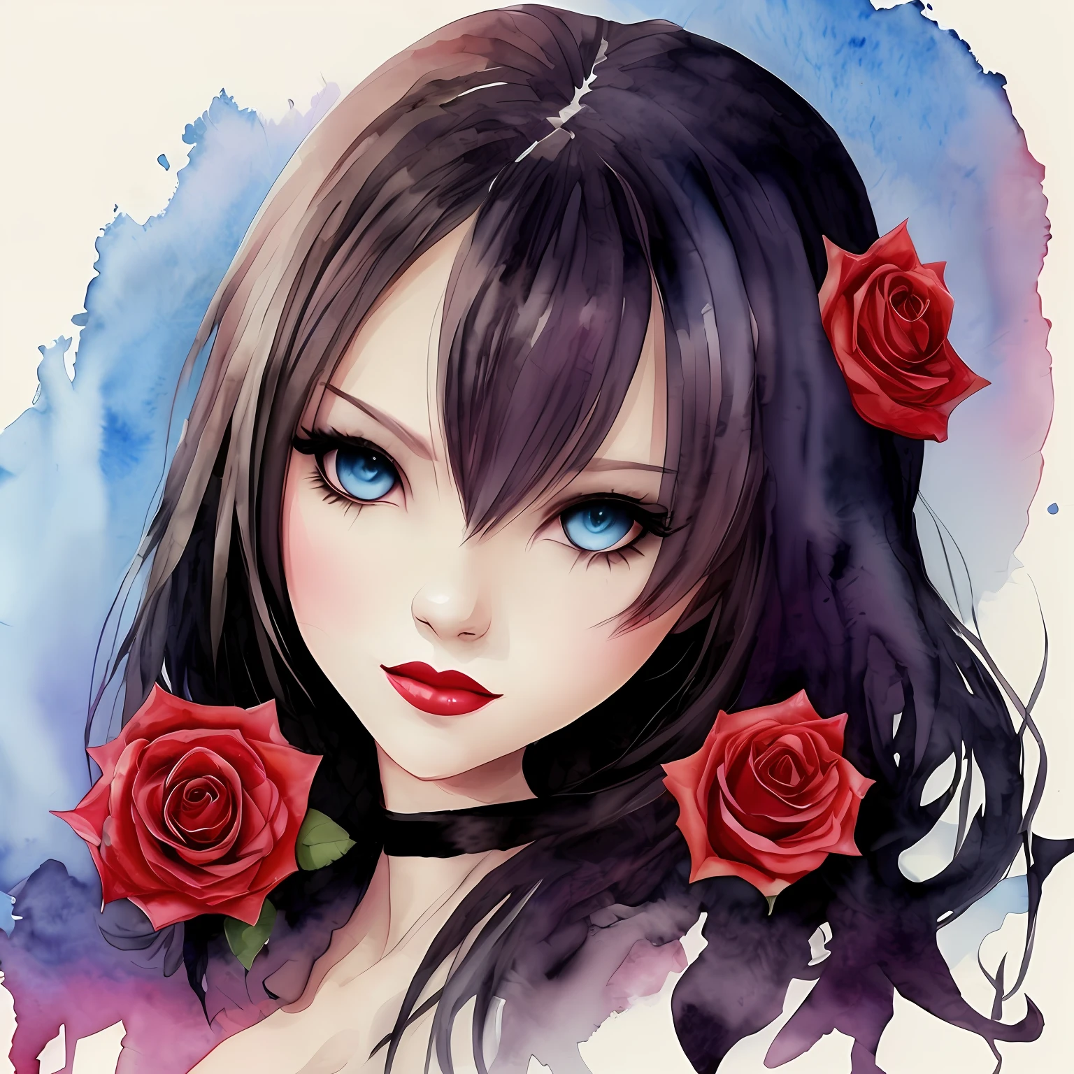the watercolor style,vampire girl,Roses around,white backgrounid --auto