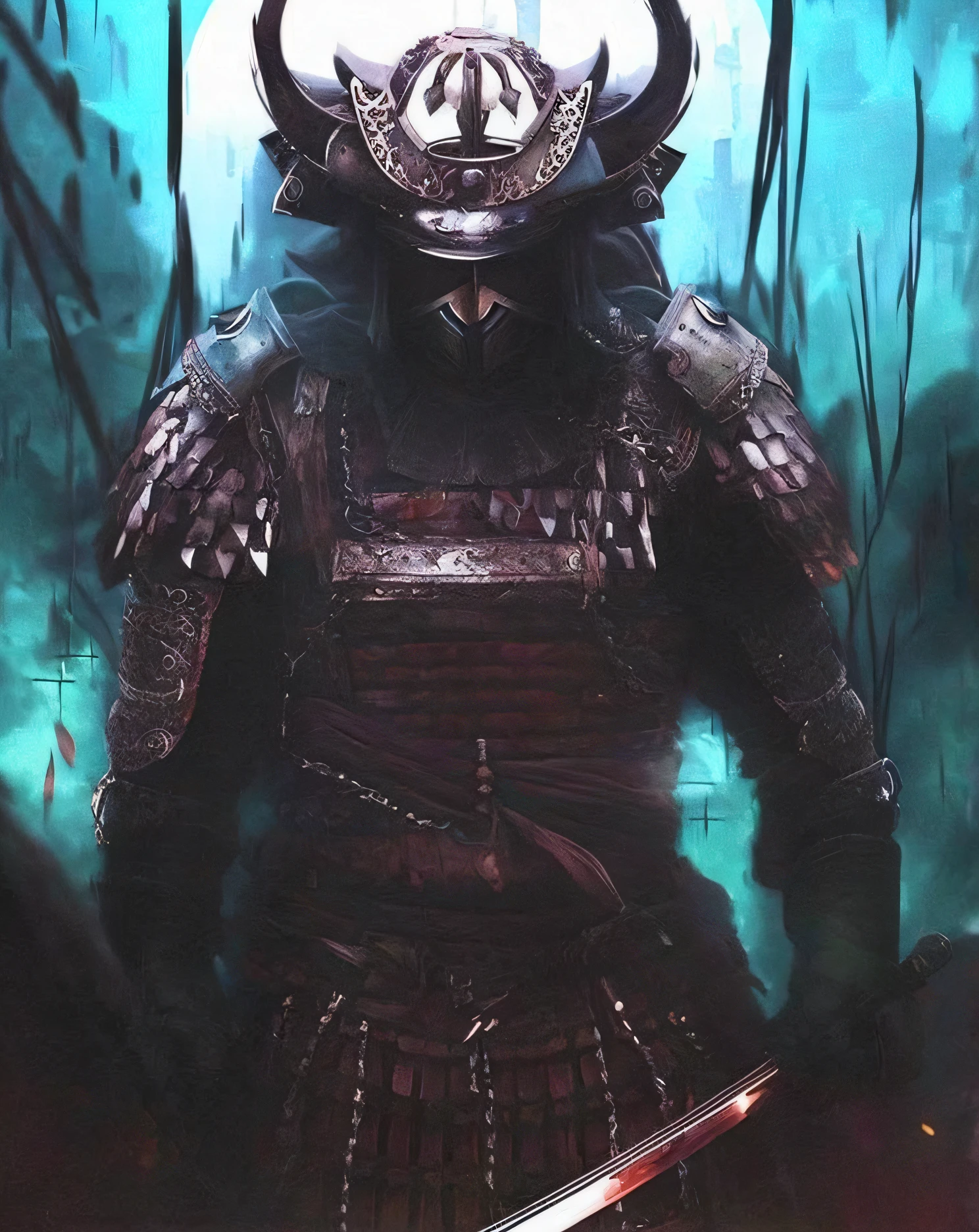There is a man in armor with a sword and a helmet, vestido com armadura samurai, the samurai is wrapped in chains, guerreiro samurai, demon samurai warrior, Samurai ciborgue, samurai cyberpunk, Armadura Samurai, Bruce Willis como Samurai, Demon Samurai, inspired by Kanō Hōgai, japanese warrior, guerreiro blindado, como samurai, ancient japanese samurai, egyptian samurai --auto