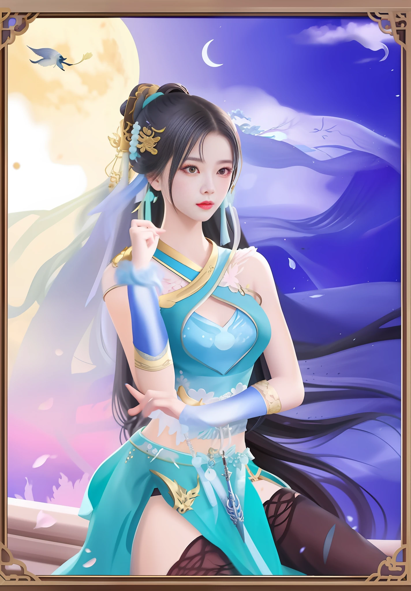 A woman in a blue dress holds a sword before the full moon, inspired by Du Qiong, Inspired by Lan Ying, Beautiful character painting, full-body xianxia, queen of the sea mu yanling, Inspired by Qiu Ying, Inspired by Li Tang, inspired by Ju Lian, a beautiful fantasy empress, inspired by Zhao Zuo