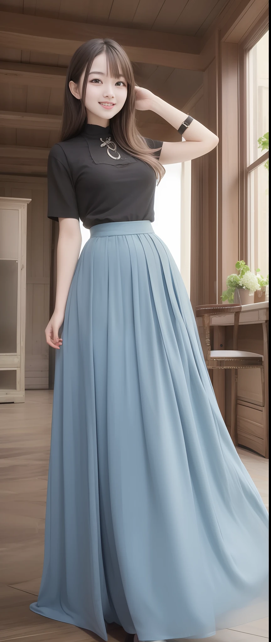 ((masterpiece、top-quality))、Maxi skirt、One girl dressing up modestly、独奏、long blue hair、a smile、is standing、