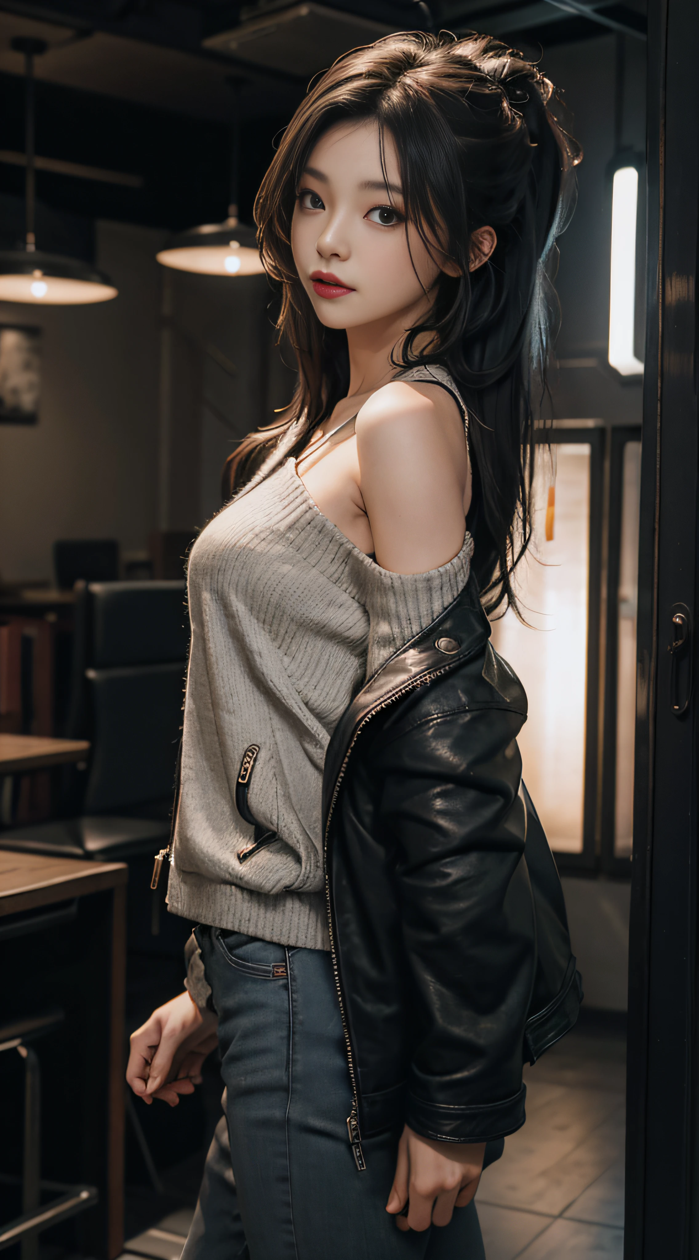 Gray sweater，Extra-long hair，Exposed shoulder，CE leather jacket，dancer