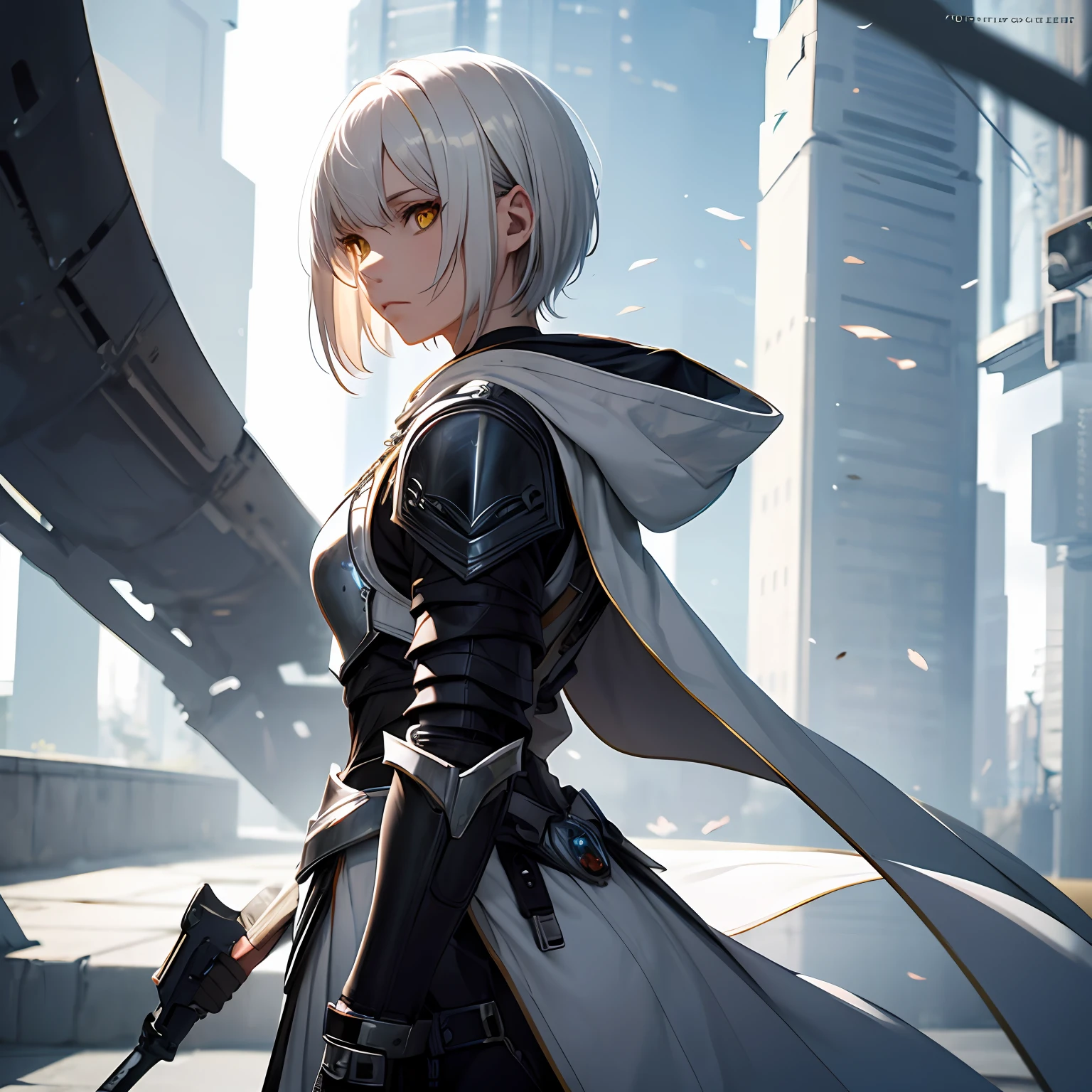 short hair, concentrated face, white hair, yellow eyes, combat suit, full white metal armor, android, human appearance, adult female, dress cape, hooded robe, looking side --auto