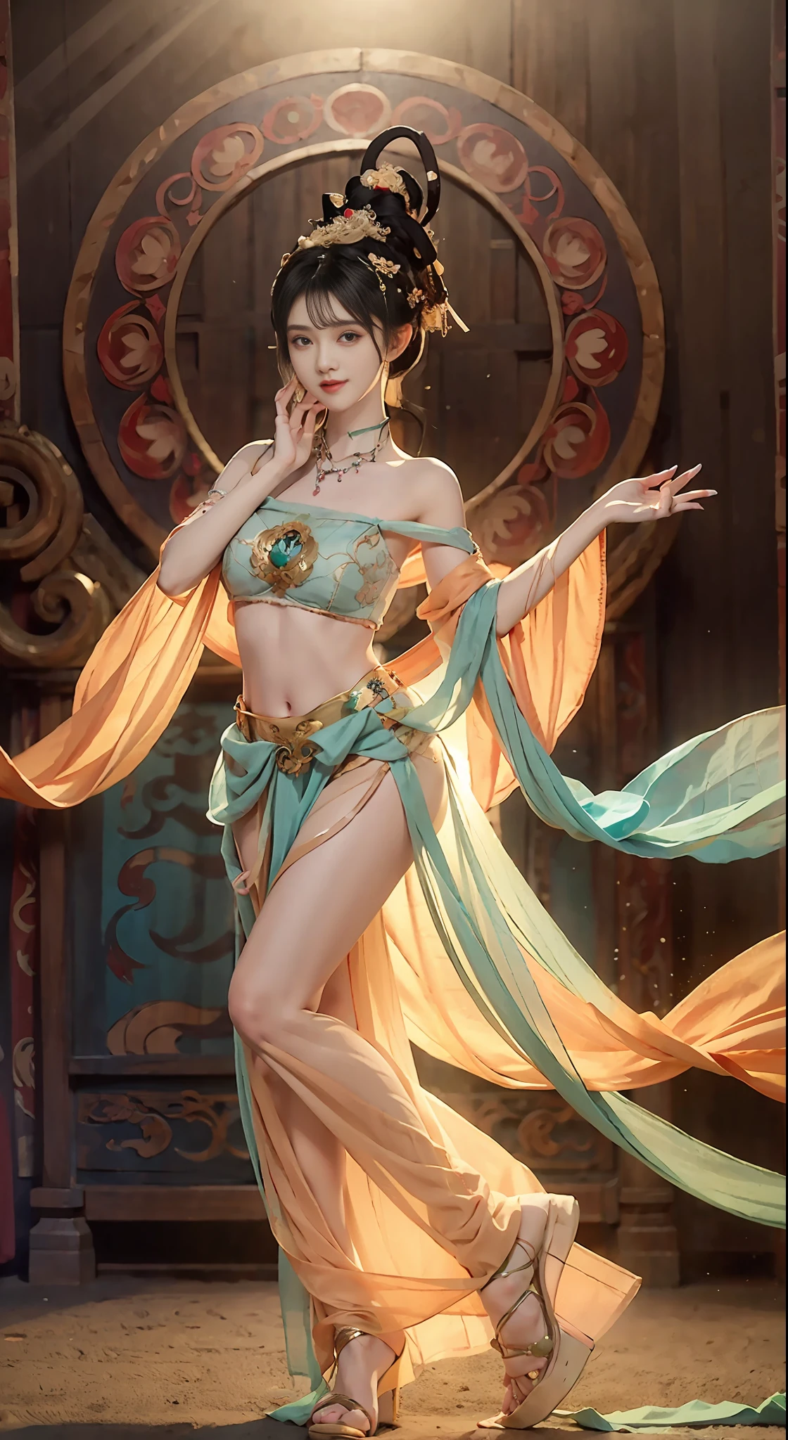 Full body photo，a  beautiful female，Delicate jade feet，messy  hair，teens girl，Symmetrical bun，hair adornments，jewelry，The face is delicate，eye shadows，Delicate cyan top，cropped shoulders，Crop topping，showing belly，Dunhuang style，Lots of streamers，Fine fine skin，Soft light effects，Delicate and smooth hair，exquisite detailing，eyes highlights，Fair skin，Fine portrayal，Ultimate detail，Cinematic quality，being thin，slenderness，Fragmentation，hair detail，Thin bangs，Shawl hair，Correct bodies，shadowing，Air bangs，8K，Super meticulous，Fine fabric texture，softness，complaisant，Smooth texture，Dunhuang style，Delicate pattern，correct hand painting，Smile, tsurime, surrealism, Ray tracing, hyper HD, High details, Super detail, A high resolution, 8K, yes, High quality, High details, Textured skin, ccurate