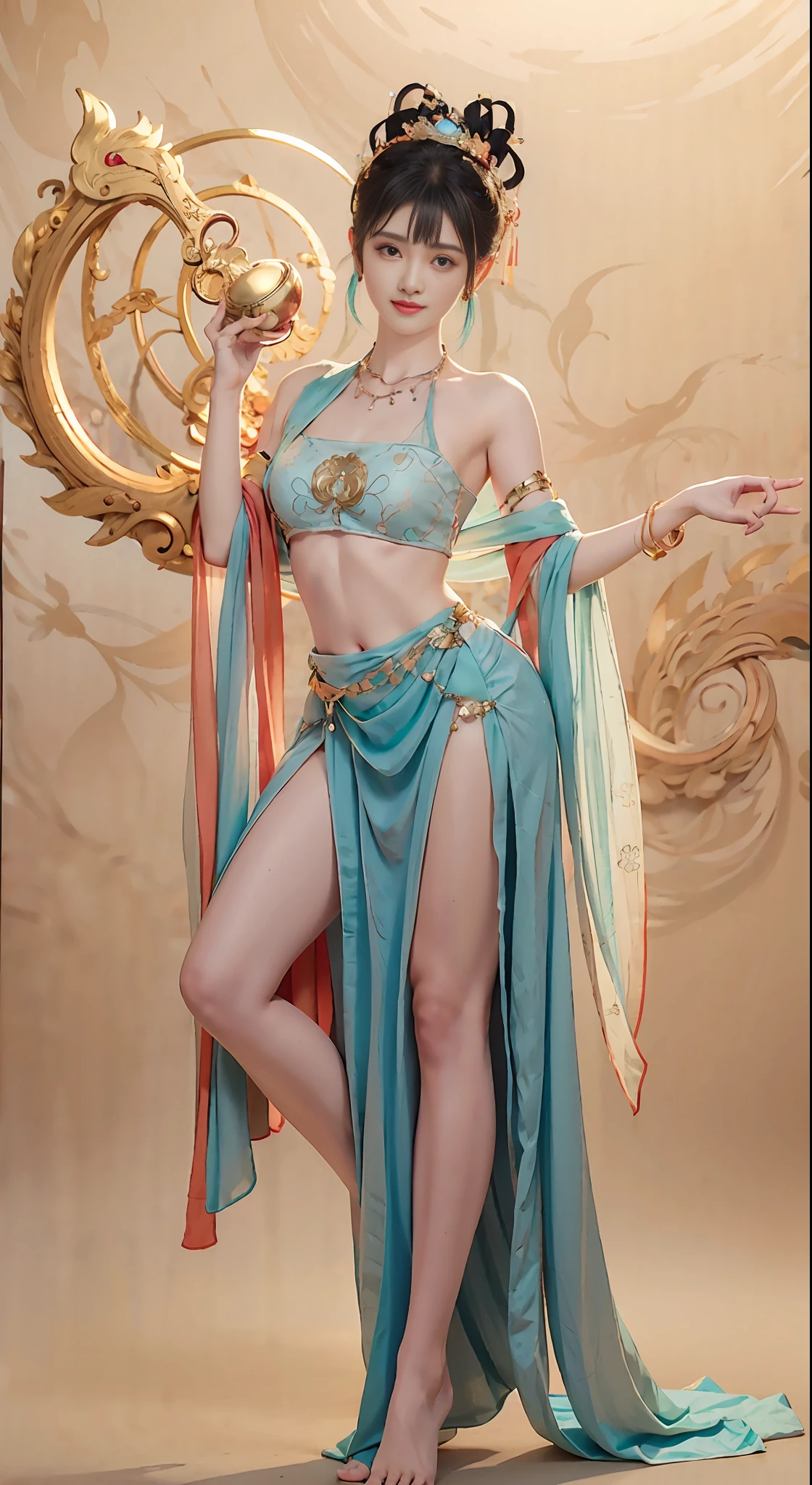 Full body photo，a  beautiful female，Delicate jade feet，messy  hair，teens girl，Symmetrical bun，hair adornments，jewelry，The face is delicate，eye shadows，Delicate cyan top，cropped shoulders，Crop topping，showing belly，Dunhuang style，Lots of streamers，Fine fine skin，Soft light effects，Delicate and smooth hair，exquisite detailing，eyes highlights，Fair skin，Fine portrayal，Ultimate detail，Cinematic quality，being thin，slenderness，Fragmentation，hair detail，Thin bangs，Shawl hair，Correct bodies，shadowing，Air bangs，8K，Super meticulous，Fine fabric texture，softness，complaisant，Smooth texture，Dunhuang style，Delicate pattern，correct hand painting，Smile, tsurime, surrealism, Ray tracing, hyper HD, High details, Super detail, A high resolution, 8K, yes, High quality, High details, Textured skin, ccurate