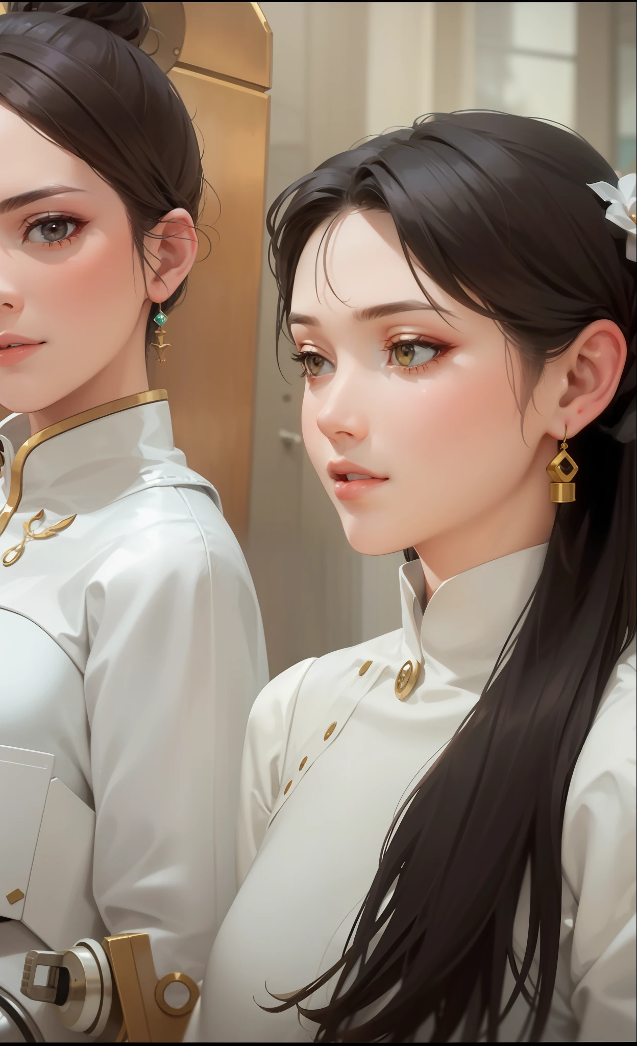 Two women dressed in golden armor mecha style