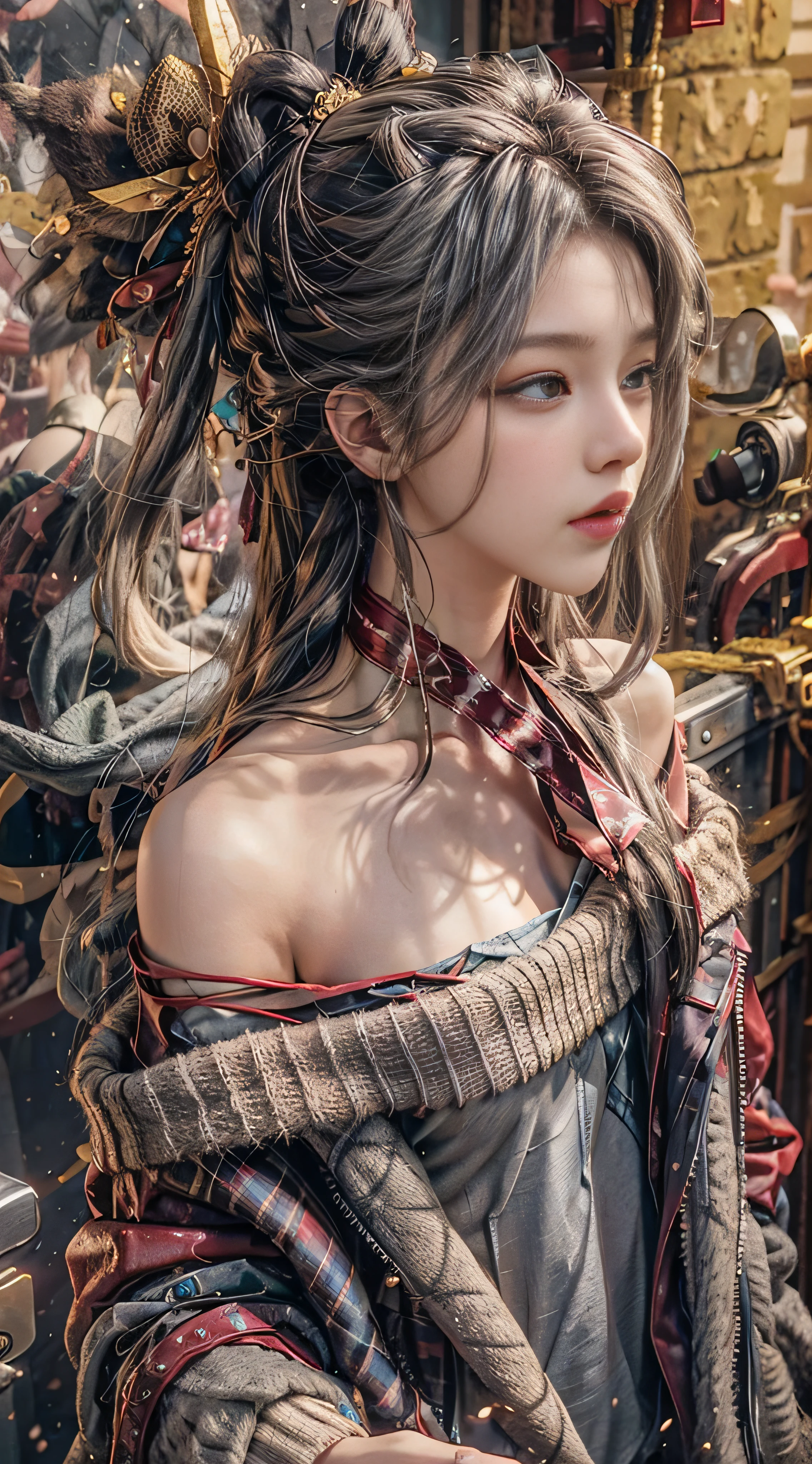 Gray sweater,Extra-long hair,Exposed shoulder,CE leather jacket,Mountain trails