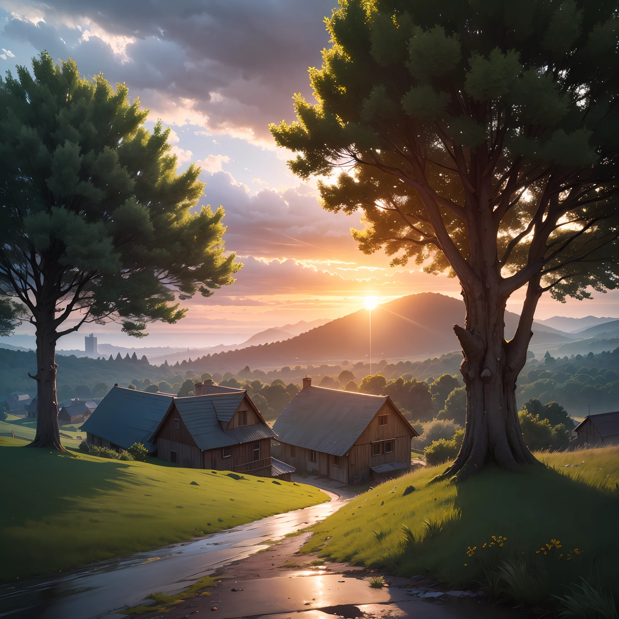 villages，Faraway view，wind and rain，the setting sun，Close-up trees，zelda， --auto