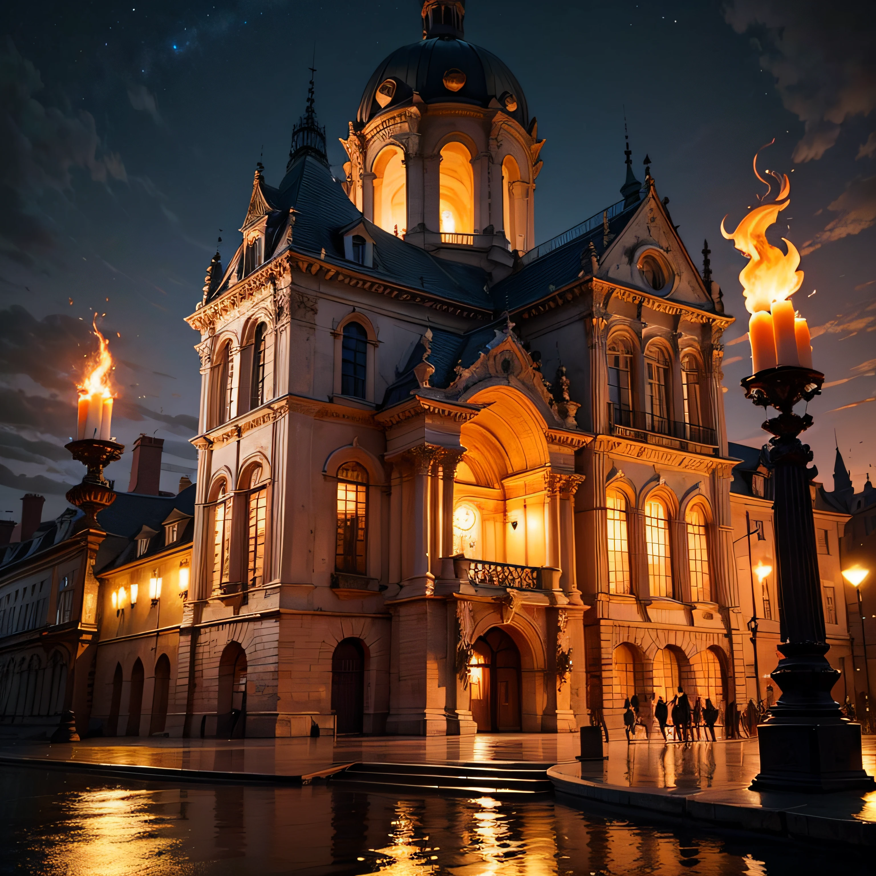 baroque，the night，Fire candles，Gorgeous building，A sense of mystery， Sky plus moon，The lights are dimmed