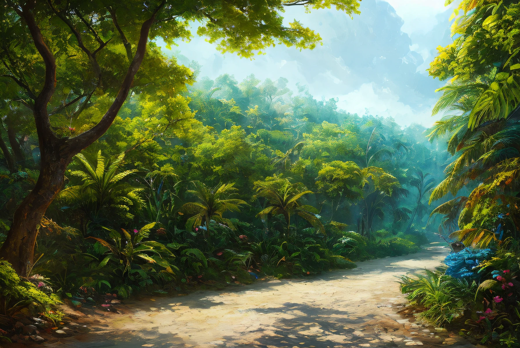 masterpiece, best quality, high quality, extremely detailed CG Unity 8k wallpaper, charming and dreamy tropical forest scene, with kapok trees, hidden fairytale valleys creating a sense of mysticism and charm, artstation, intricate, trendy, award-winning photography, bokeh, depth of field, HDR, bloom, chromatic aberration, photorealistic, extremely detailed, trend on artstation, trend on CGsociety, Intricate, with high detail, dramatic, art halfway through