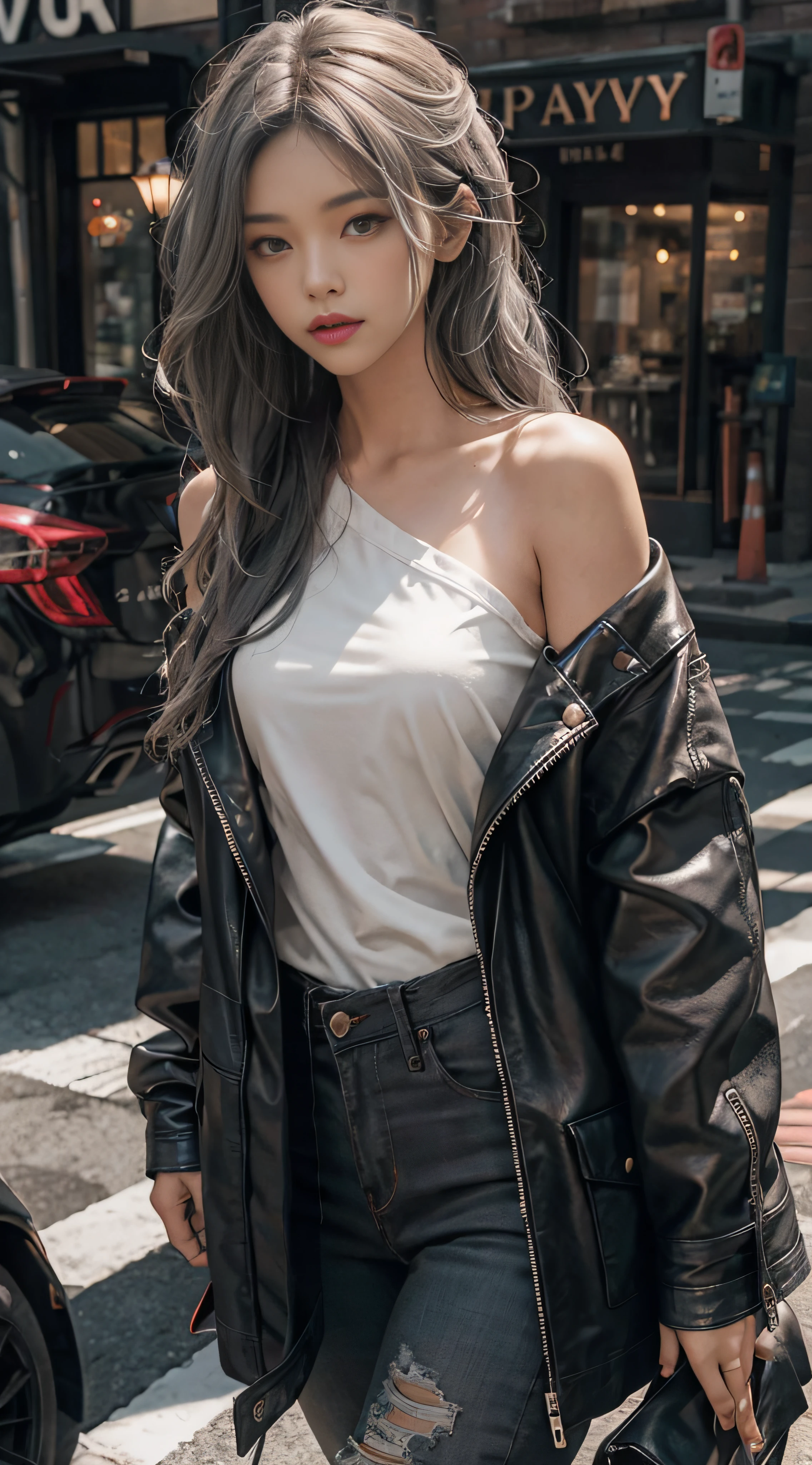 Gray hair,Extra-long hair,Exposed shoulder,CE leather jacket,