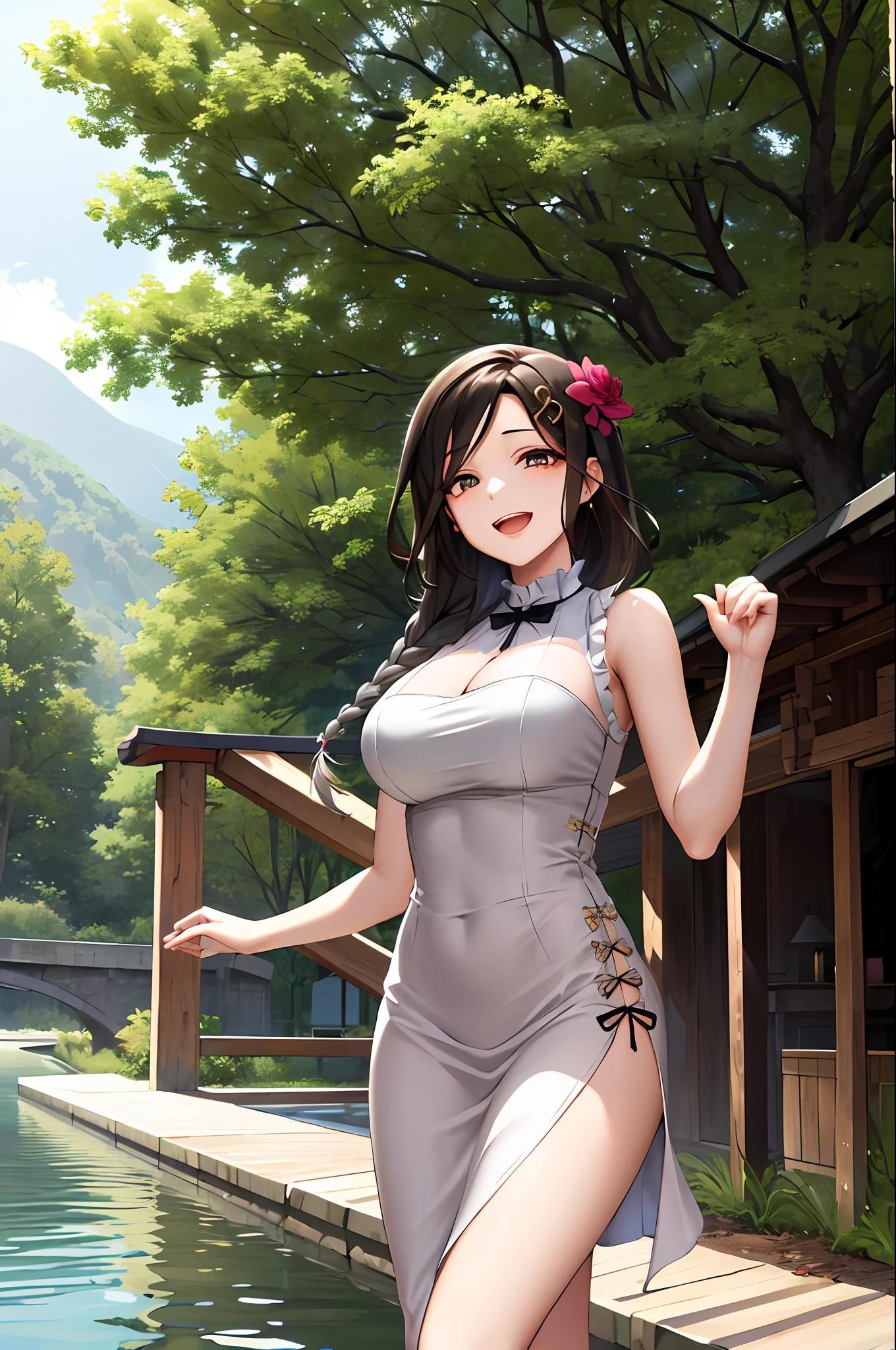 masterpiece, best quality, highres, st1, braid, hair ornament, black dress, hair flower, side slit, large breasts, long dress, sleeveless, cowboy shot, nature, standing, river, smile, open mouth,