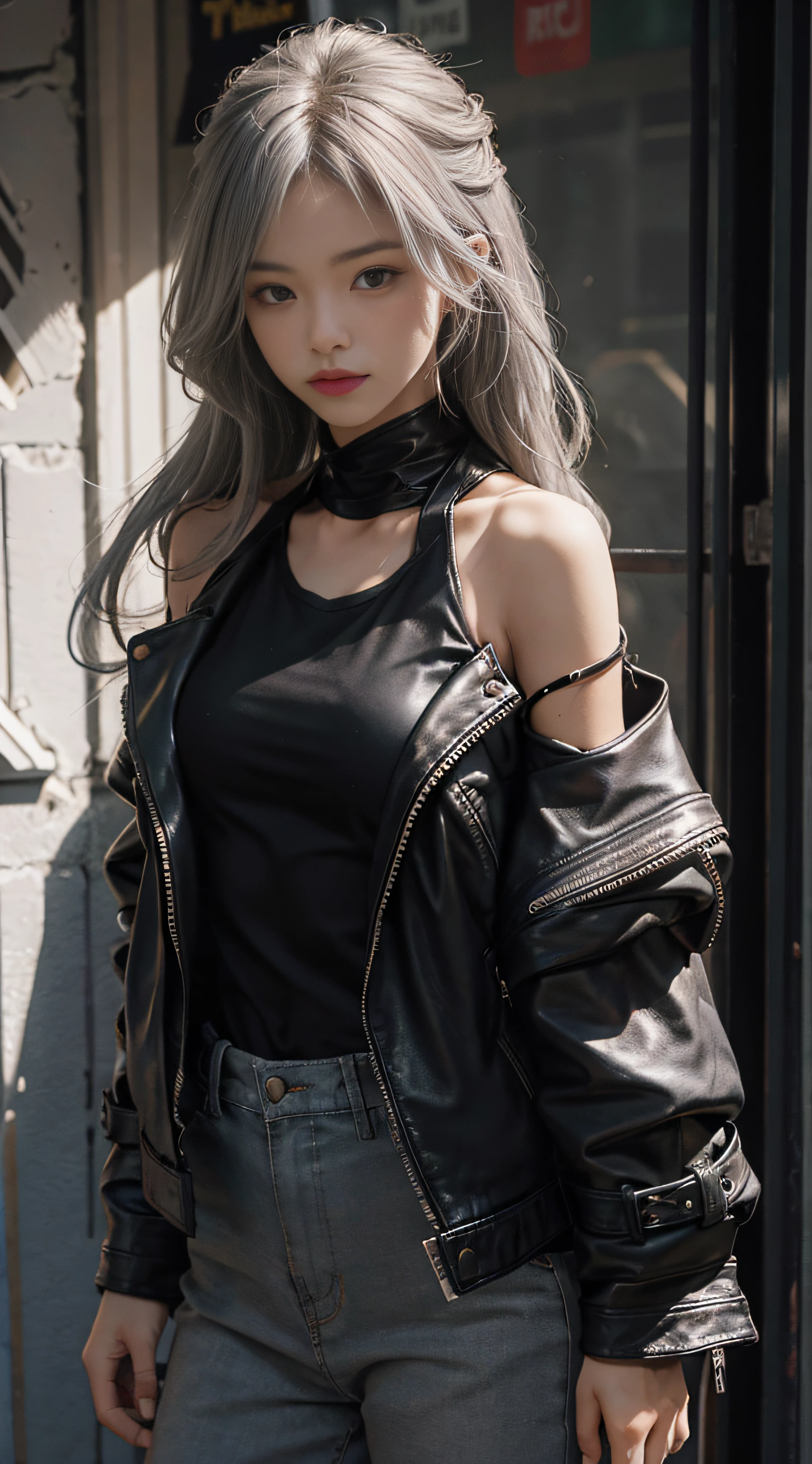 Gray hair,Extra-long hair,Exposed shoulder,CE leather jacket,