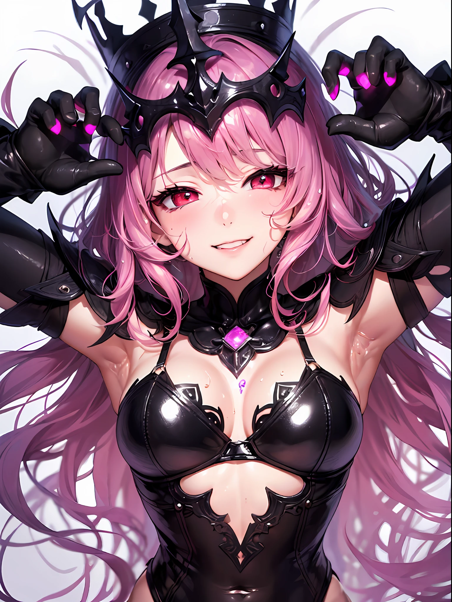 (Best quality: 1.3), (Masterpiece: 1.3), (Ultra Detail: 1.3), (wallpaper, 1 girl, lying, JingliuV4: 1.1), ,([diamond:1.3|eyes]:1.2), ([opal:1.9|gradient_hair:1.1]:1.2), (hair dripping:1.1), (detailed hands and fingers:1.2),(detailed super oily shiny skin:1.1),([wet:0.8|mucus]),oily shiny thighhigh,colorful, looking at viewer, red eyes,,uniform,white background, full body,evil crown,(CORRUPTION,(glowing pink pubic tattoo),EVIL SMILE,EMPTY EYES, HALF-CLOSED EYES)
