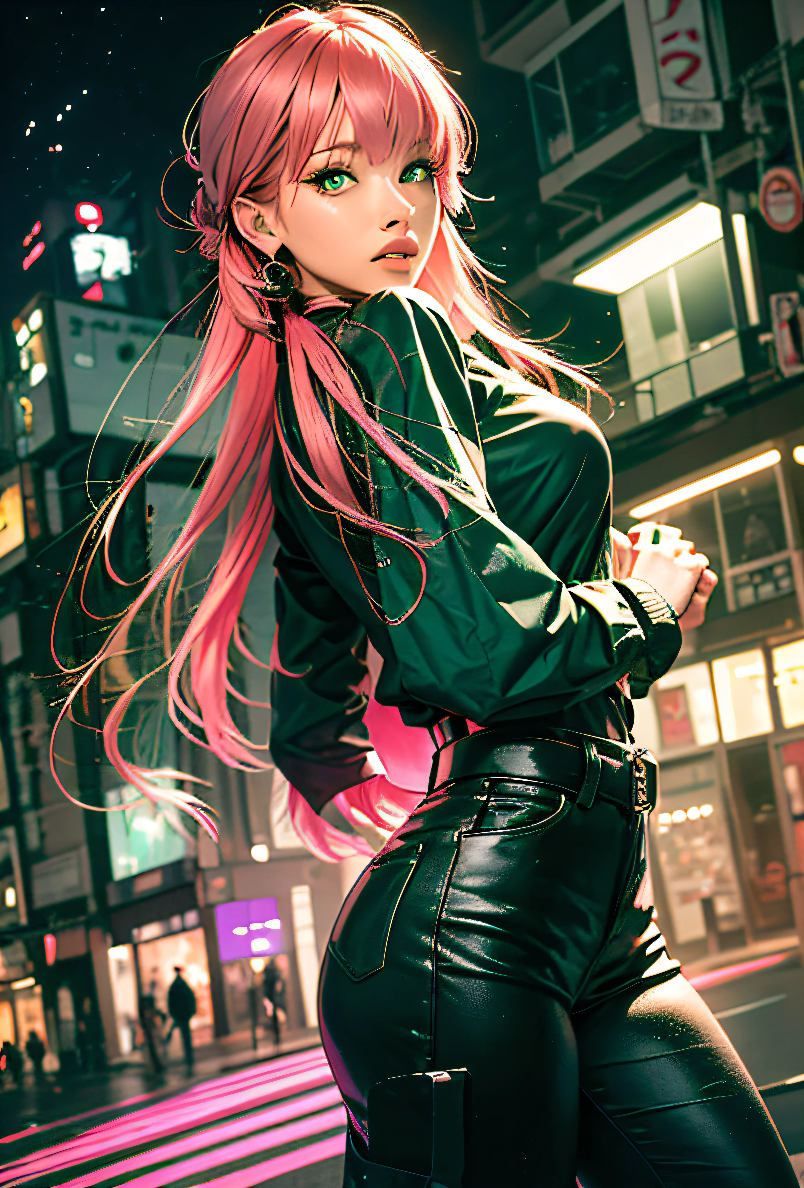 Black Pink ,Girl blouse Regatta with pink hair green eyes and a green , in the background Japanese city at night,next to a Lamborghini